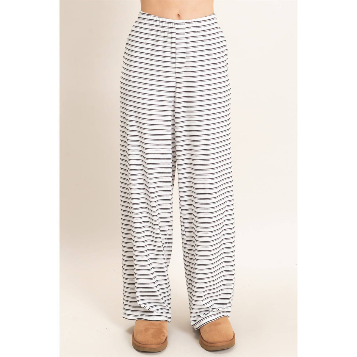 Striped Elastic Waist Pants: White