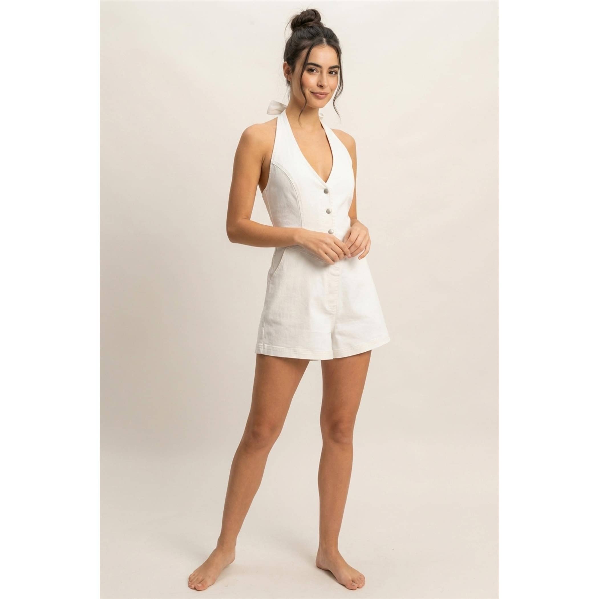 Denim Halter Romper: White