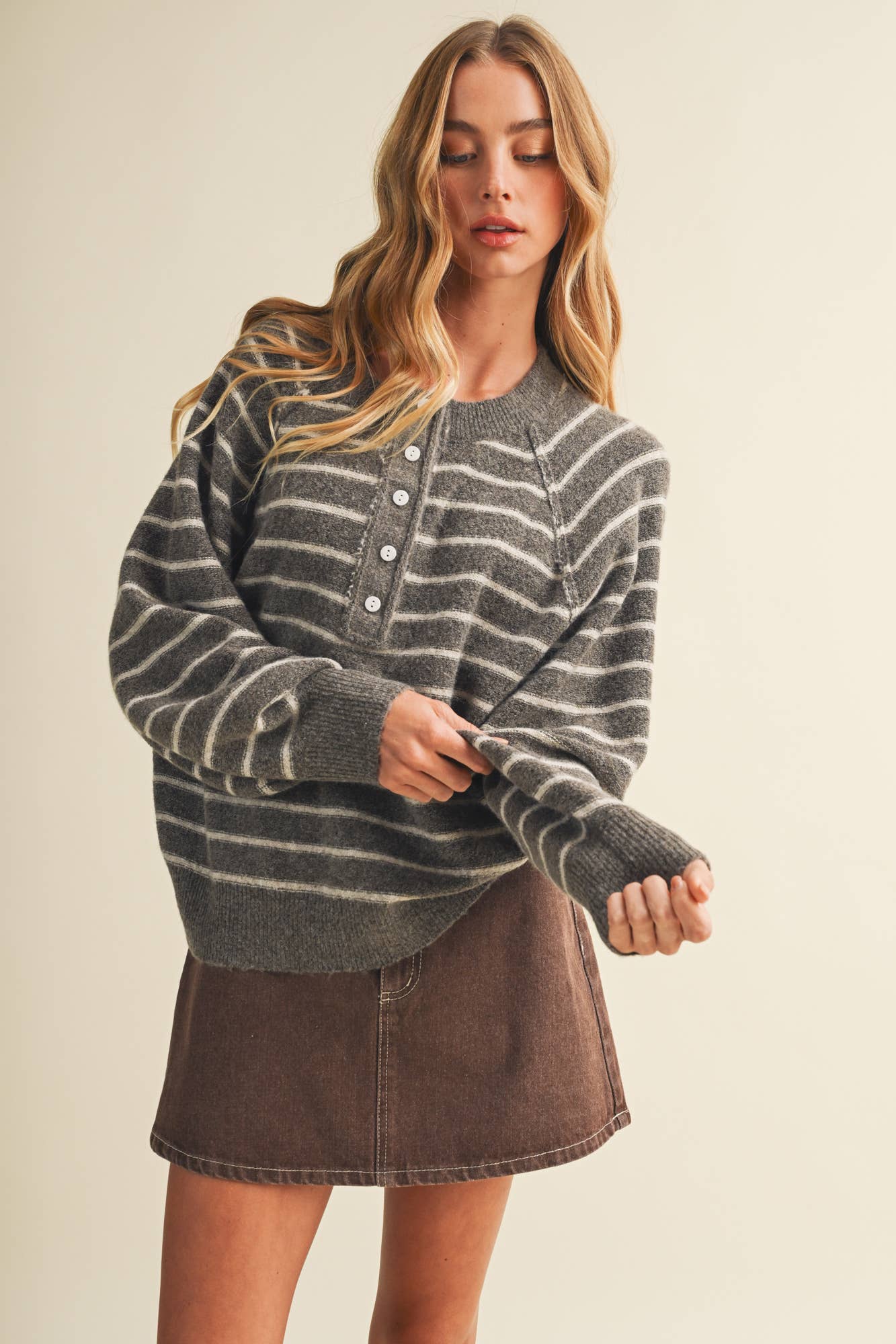 Placket Stripe Pullover: Brown