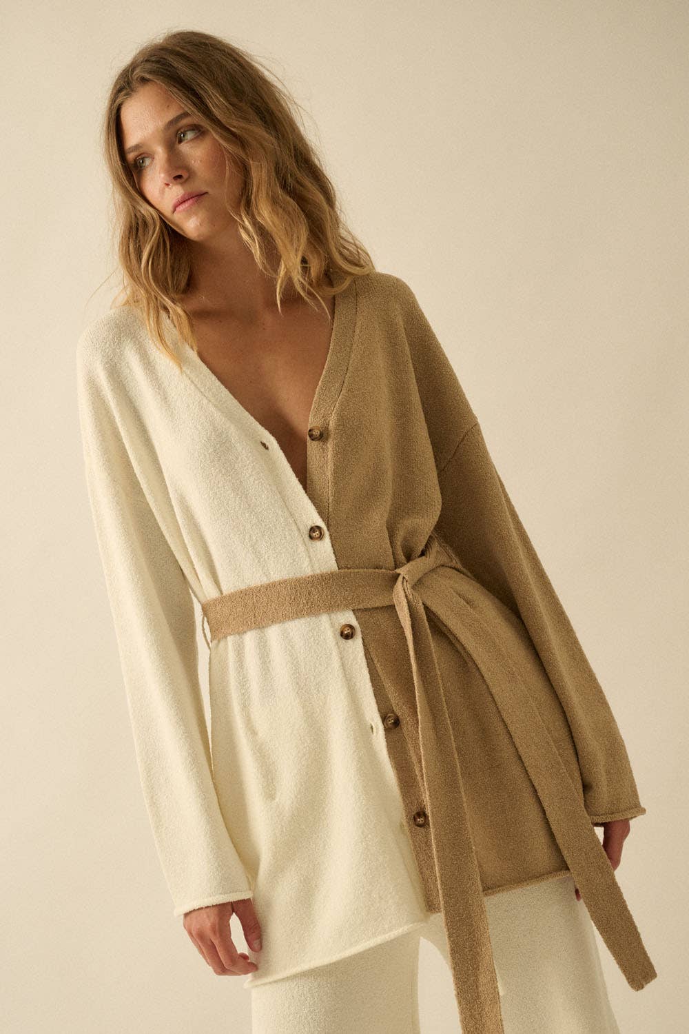Colorblock Cardigan:Cream/Sand