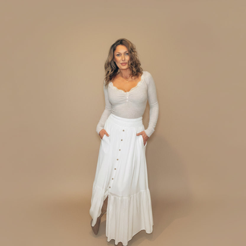 Ruffled Waist Maxi Skirt: Ivory