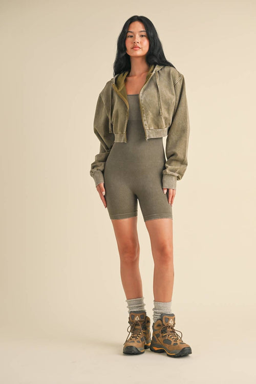 Mineral Wash Crop Hoodie Olive