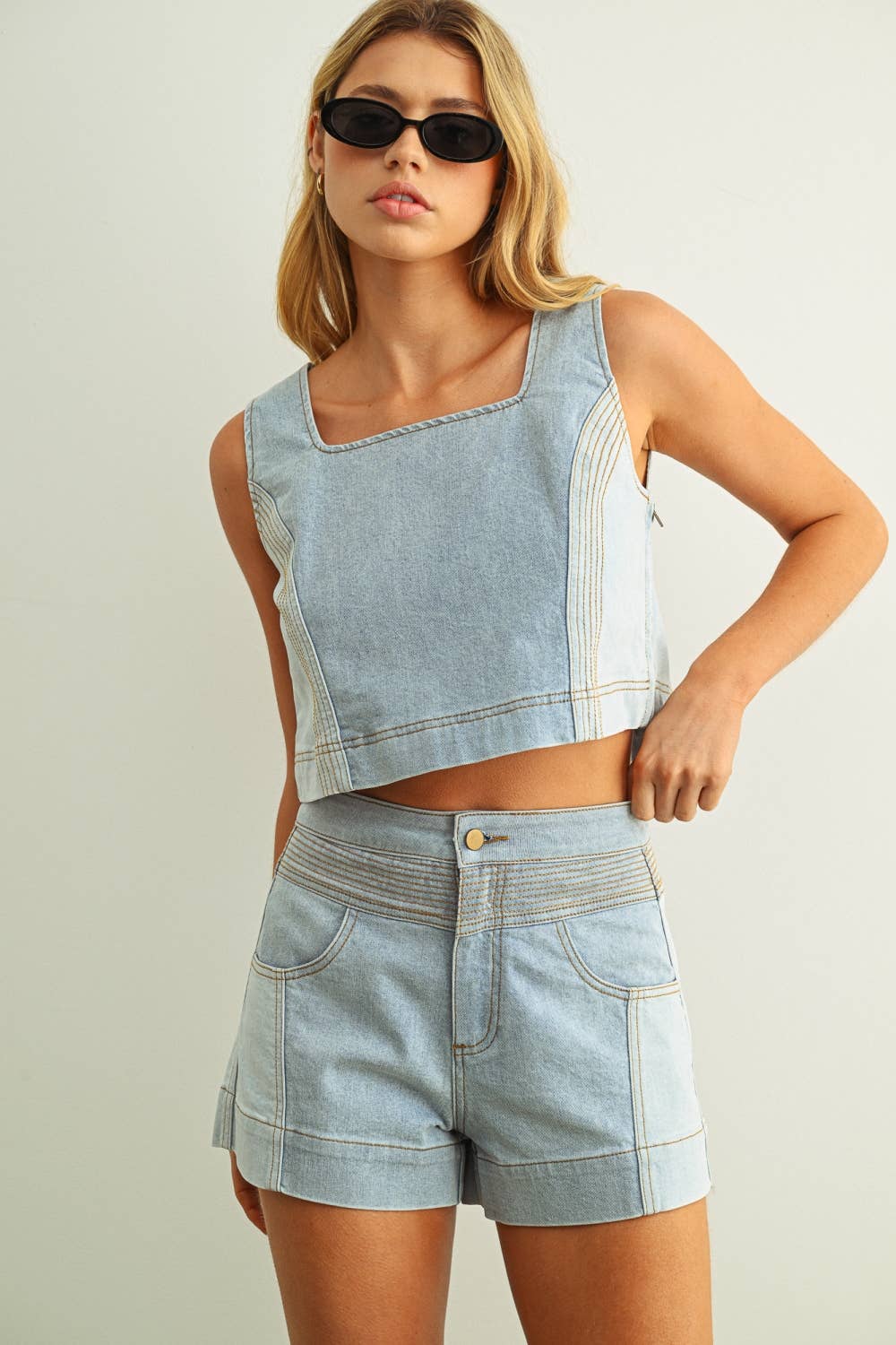 Denim Color Blocked Top: