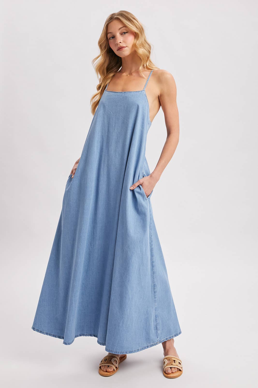 Denim Open Back Dress: Lt.Wash