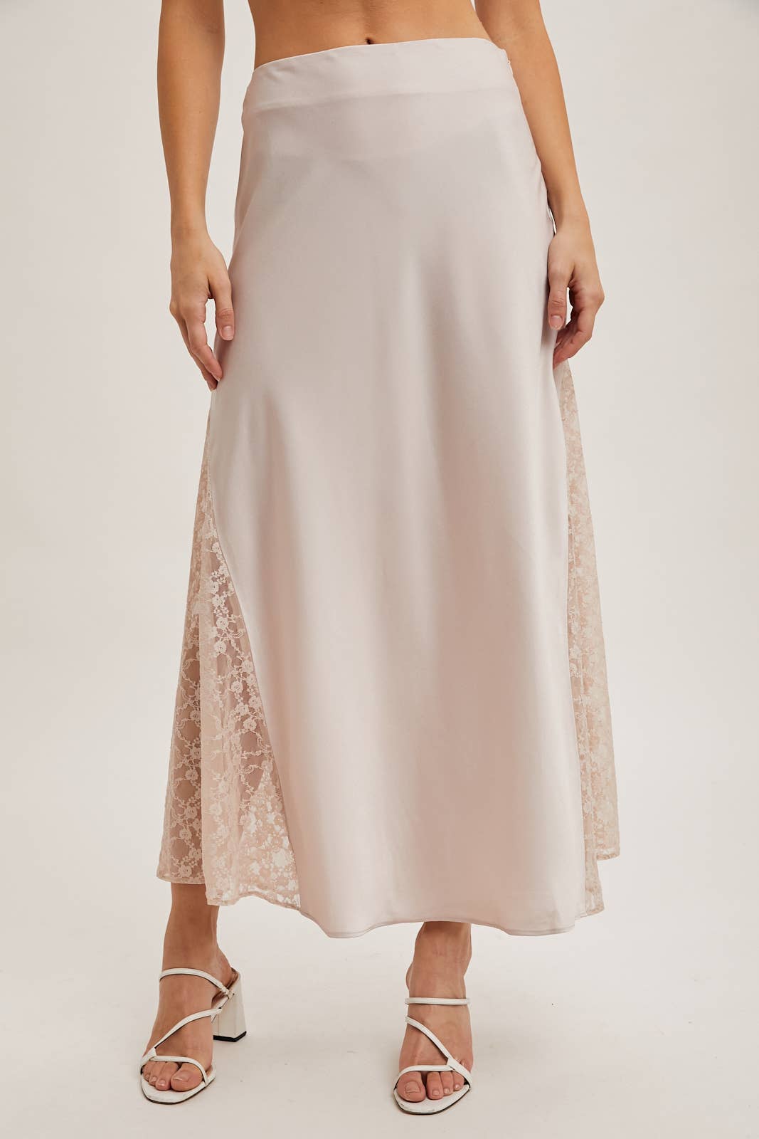 Lace Satin Midi Skirt: Pearl