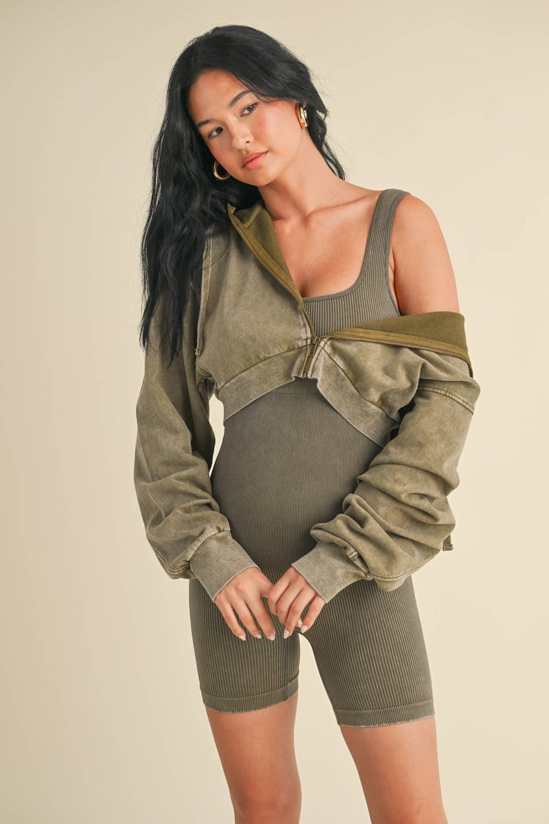 Mineral Wash Crop Hoodie Olive