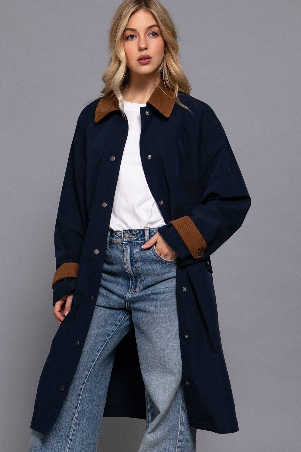 Contrast Collar Trench Coat: Navy