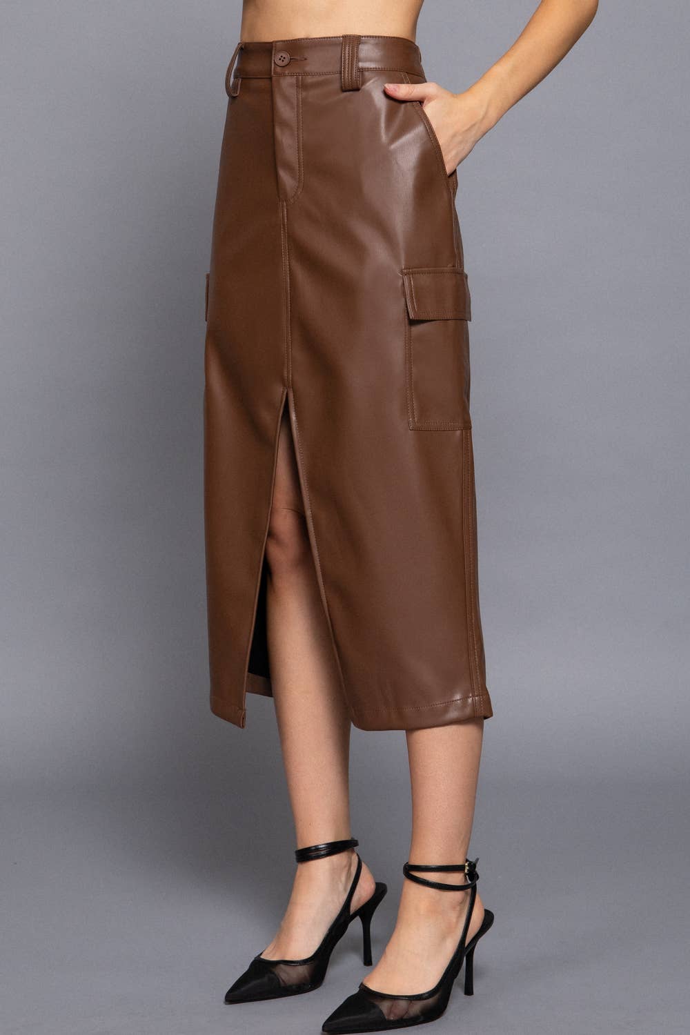 Faux Leather Cargo Skirt: Warm Brown
