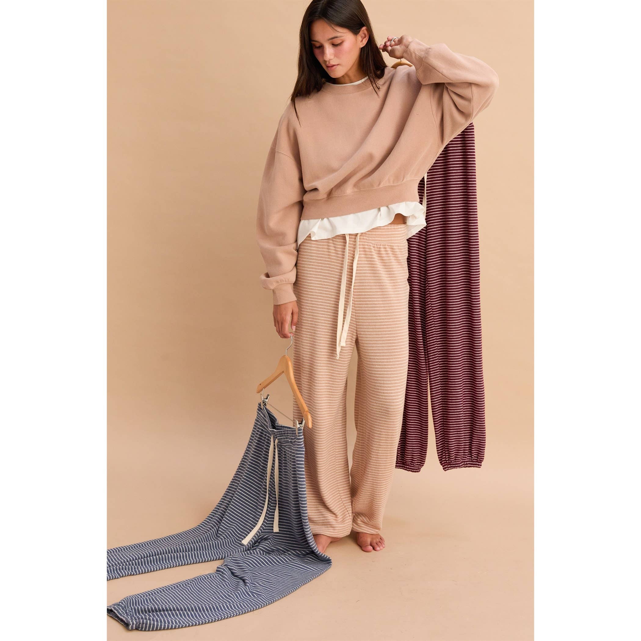 Striped Drawstring Joggers: Dark Taupe