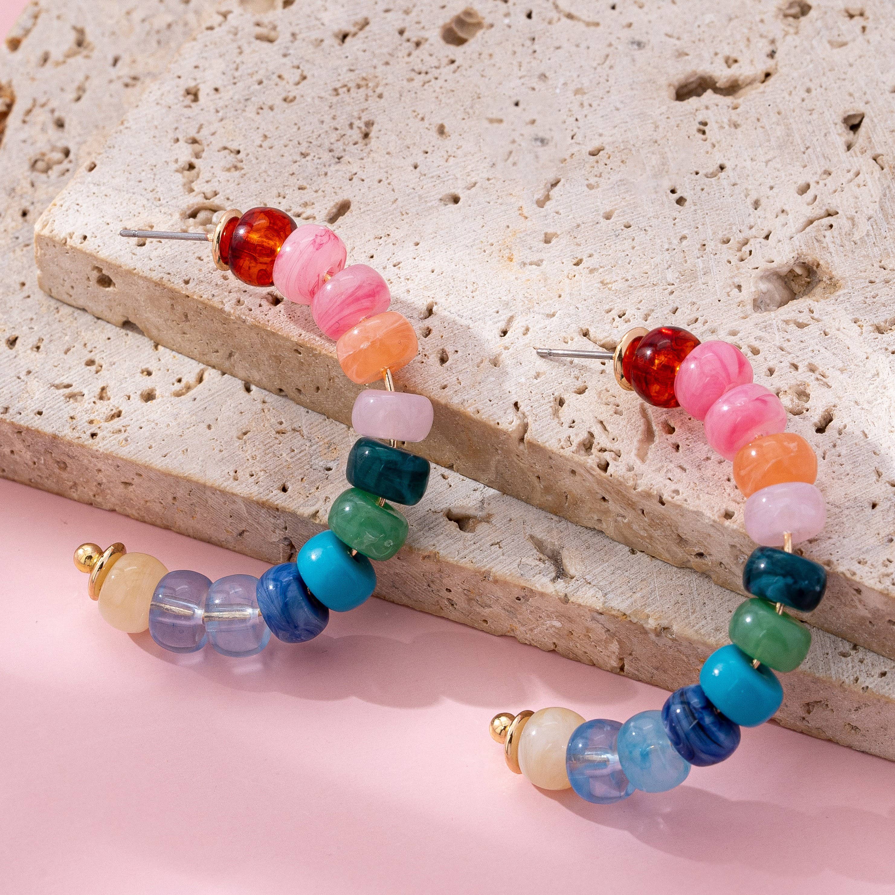 Rainbow Beaded Hoop Earrings: