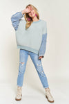 FRAYED DENIM SLEEVE SWEATER Blue