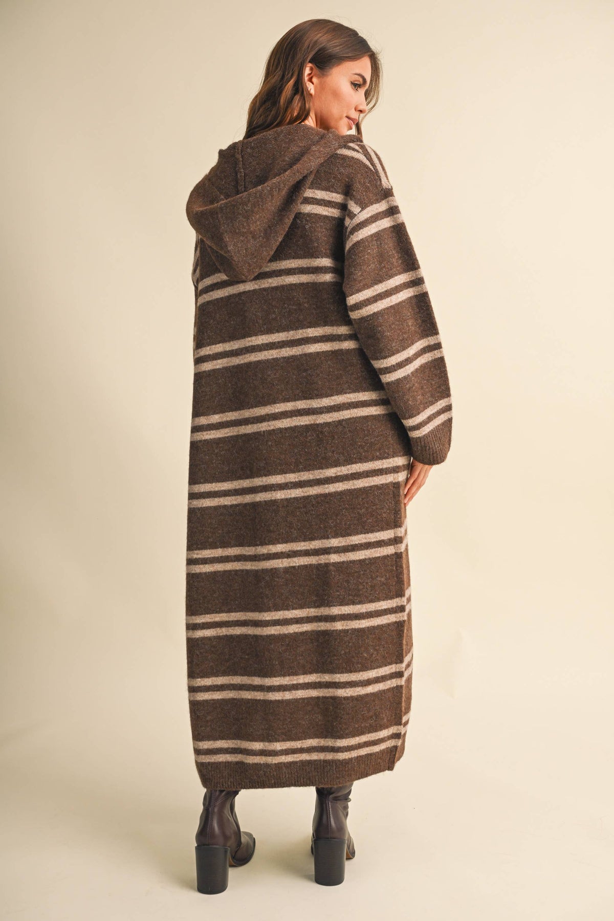 Striped Long Sweater Cardigan: Brown