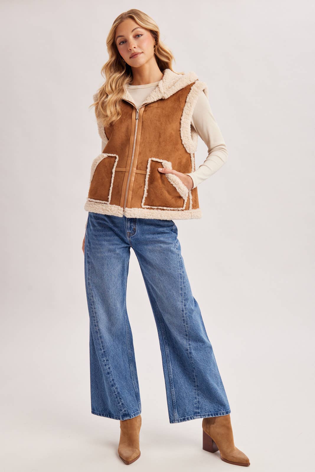 Suede Hooded Vest: Tan