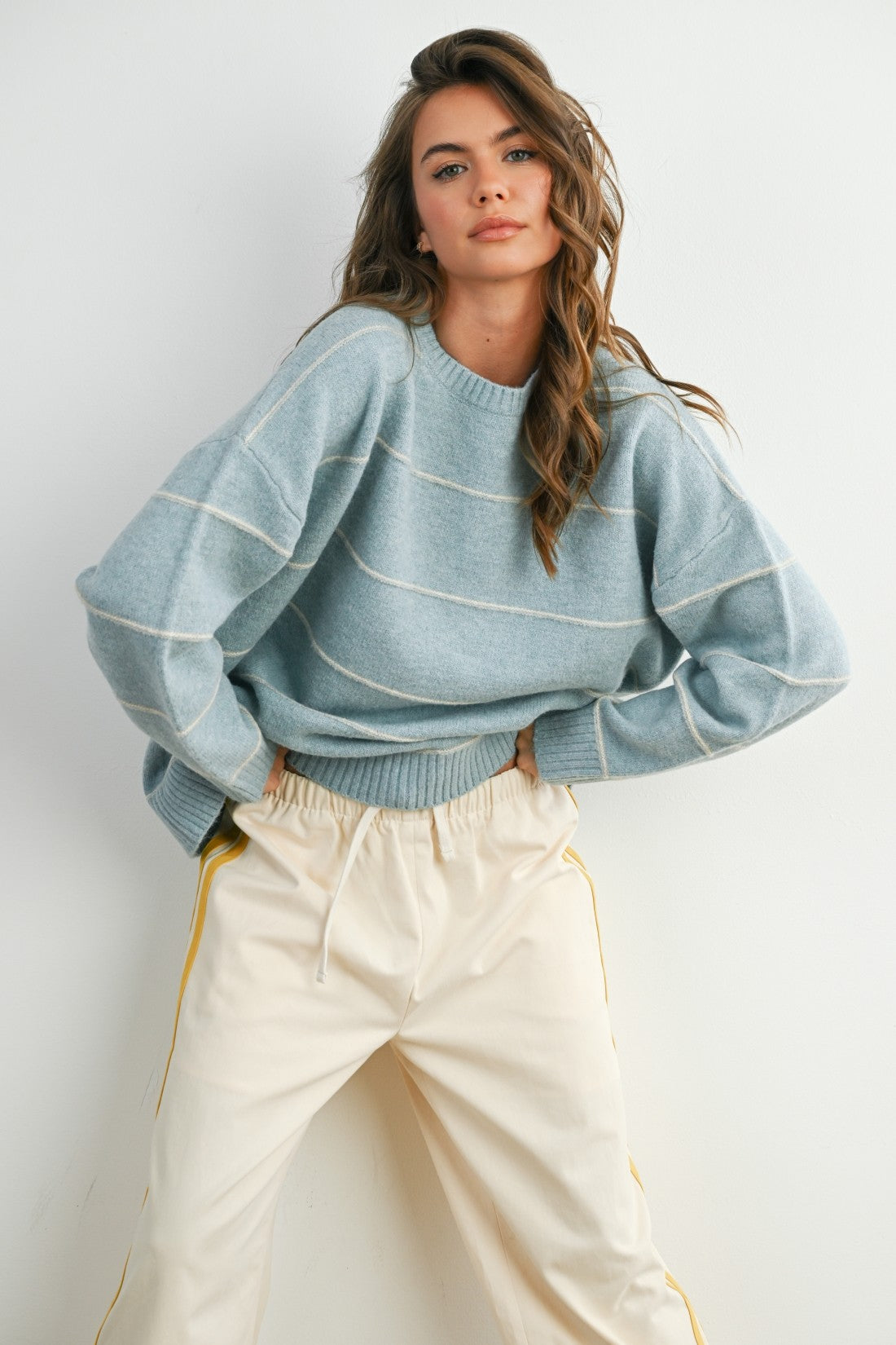 Striped Drop Shoulder Sweater: Blue
