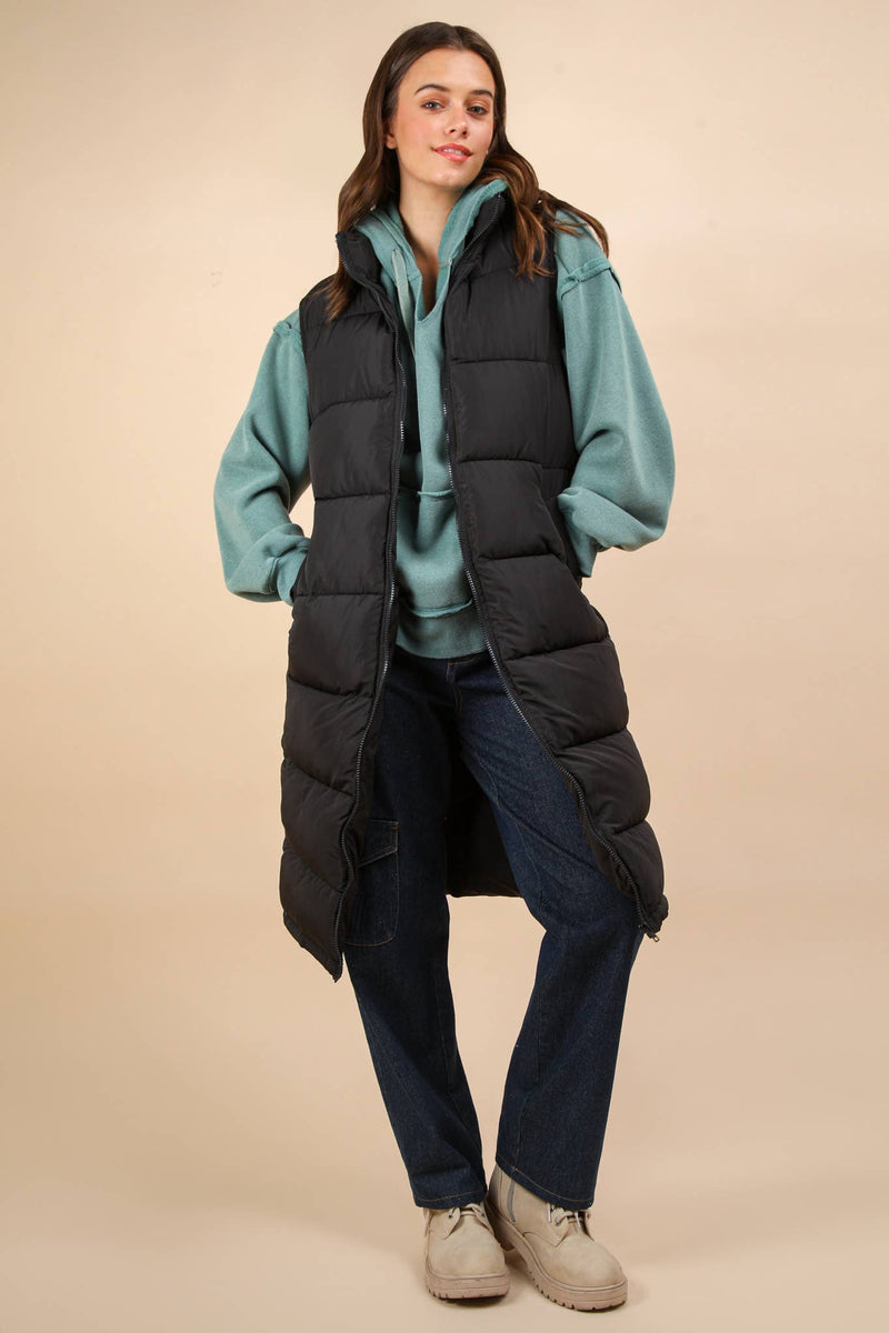 Long Puffer Vest with Pockets