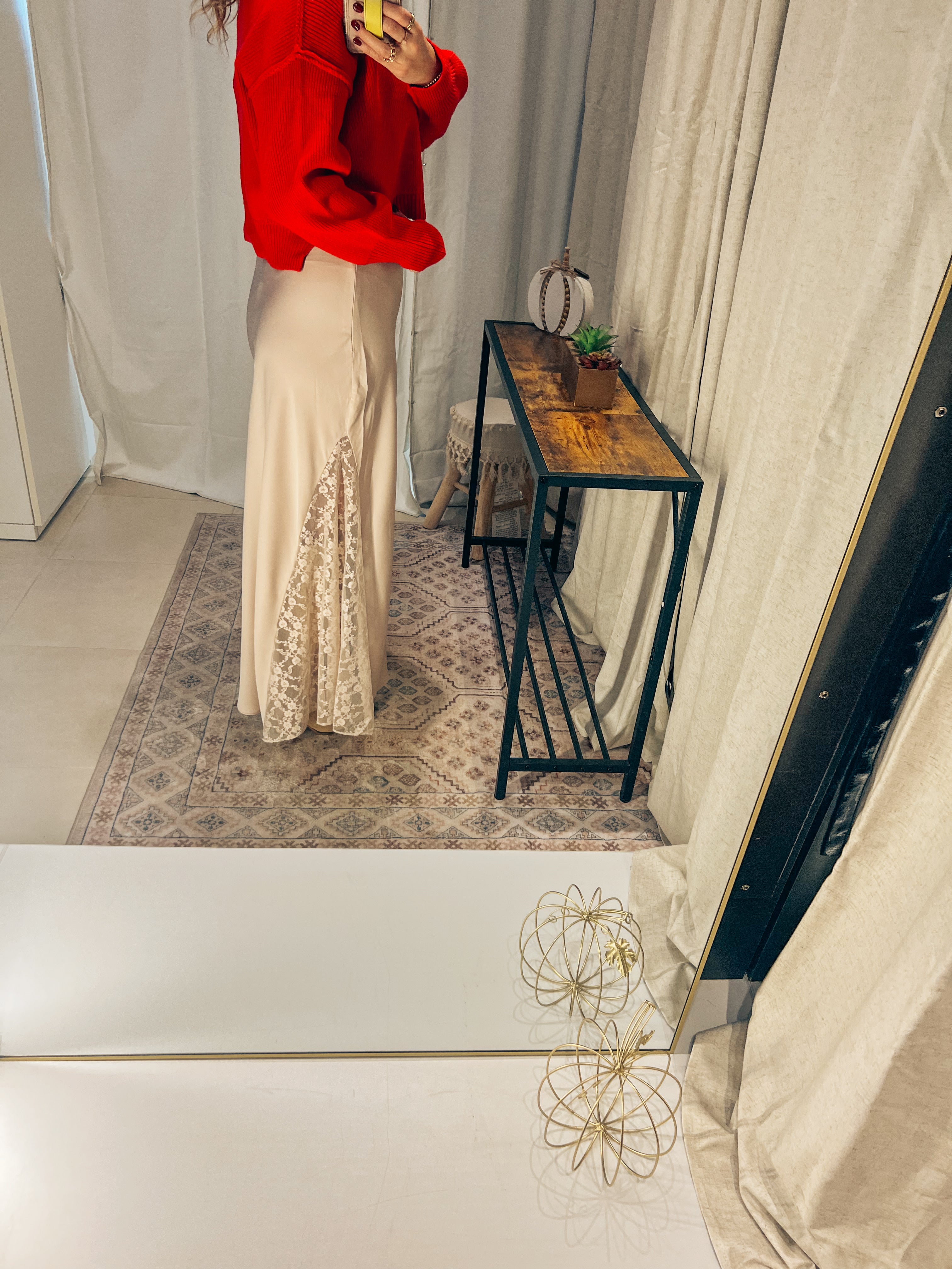 Lace Satin Midi Skirt: Pearl