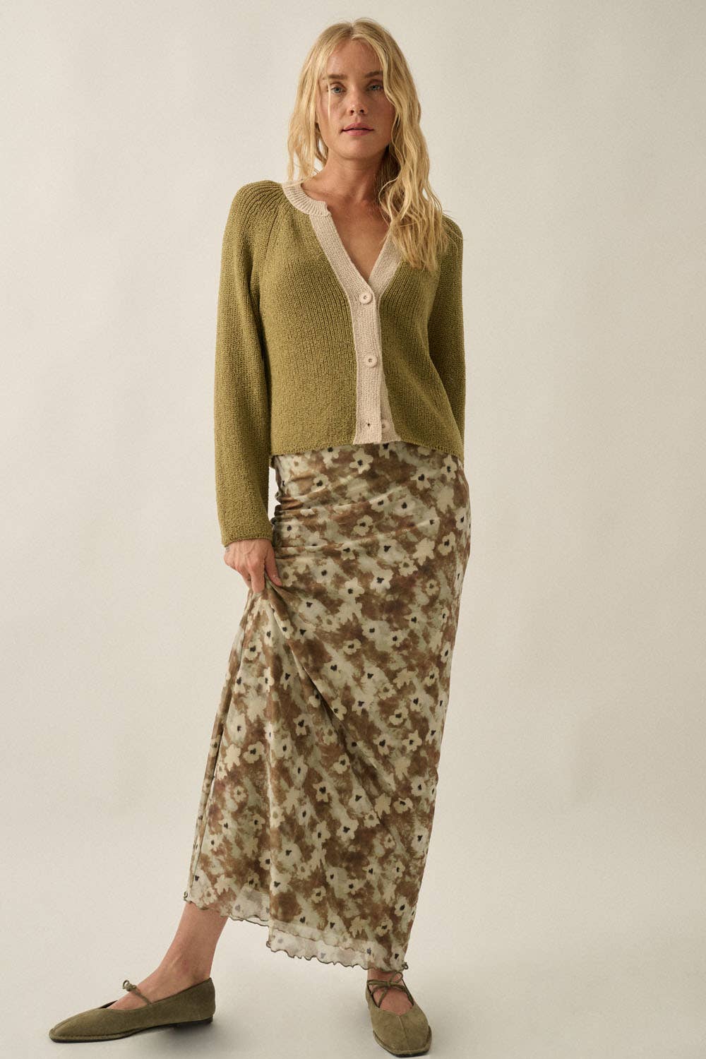 Contrast Cardigan: Moss Green
