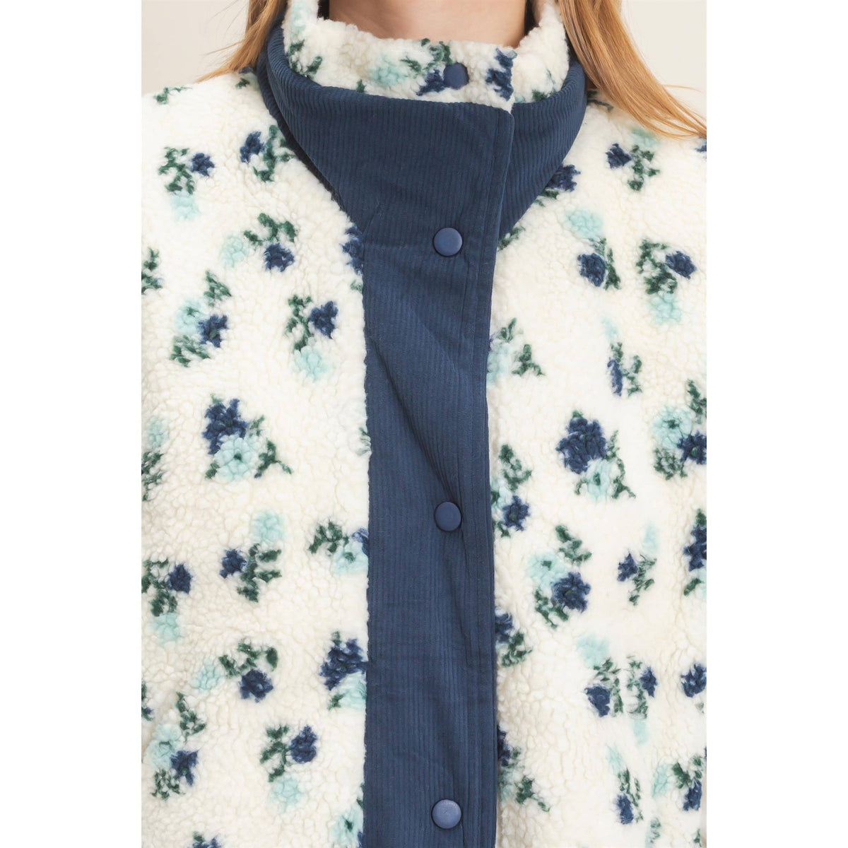 Floral Sherpa Corduroy Vest: Blue