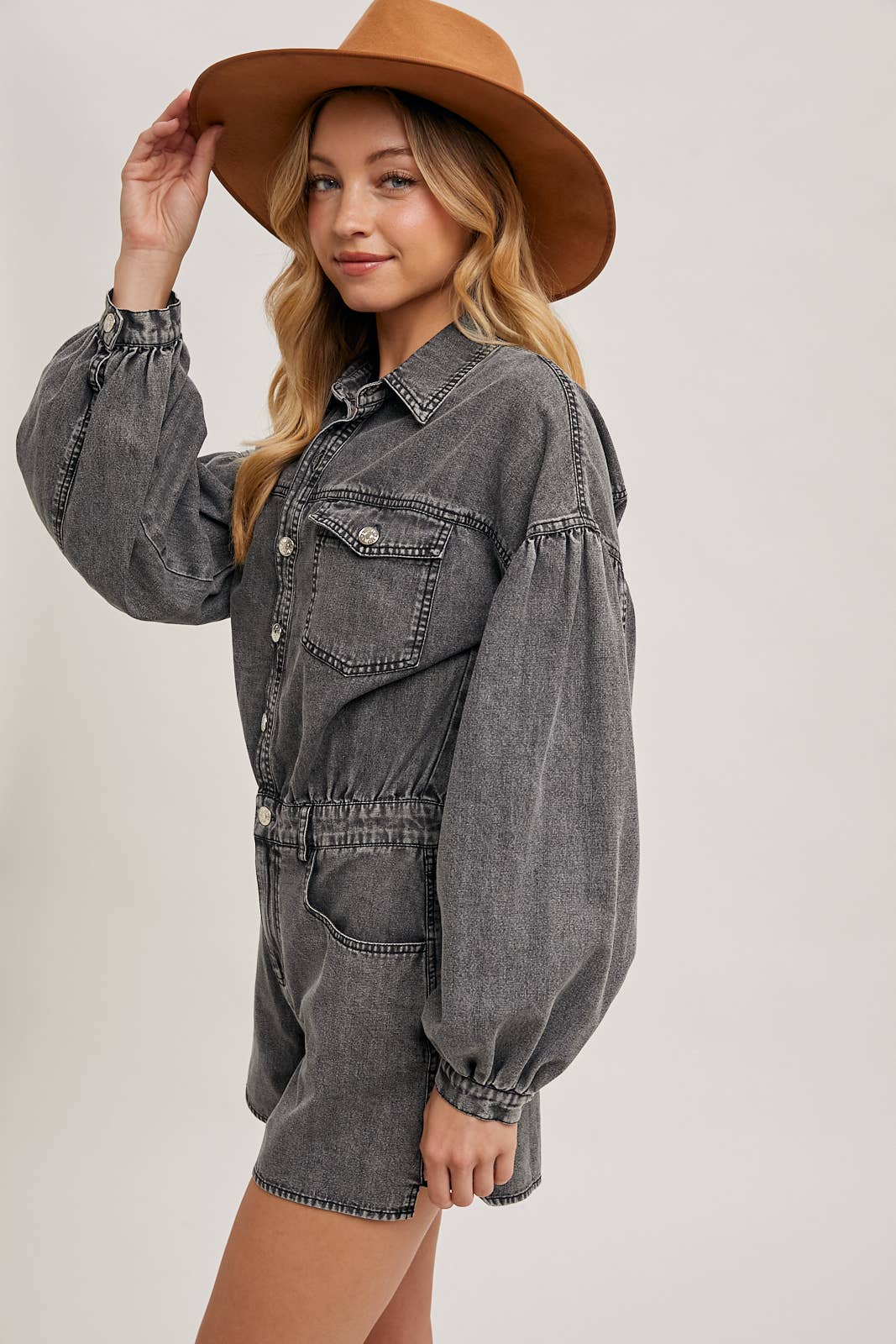 Washed Balloon Sleeve Romper
