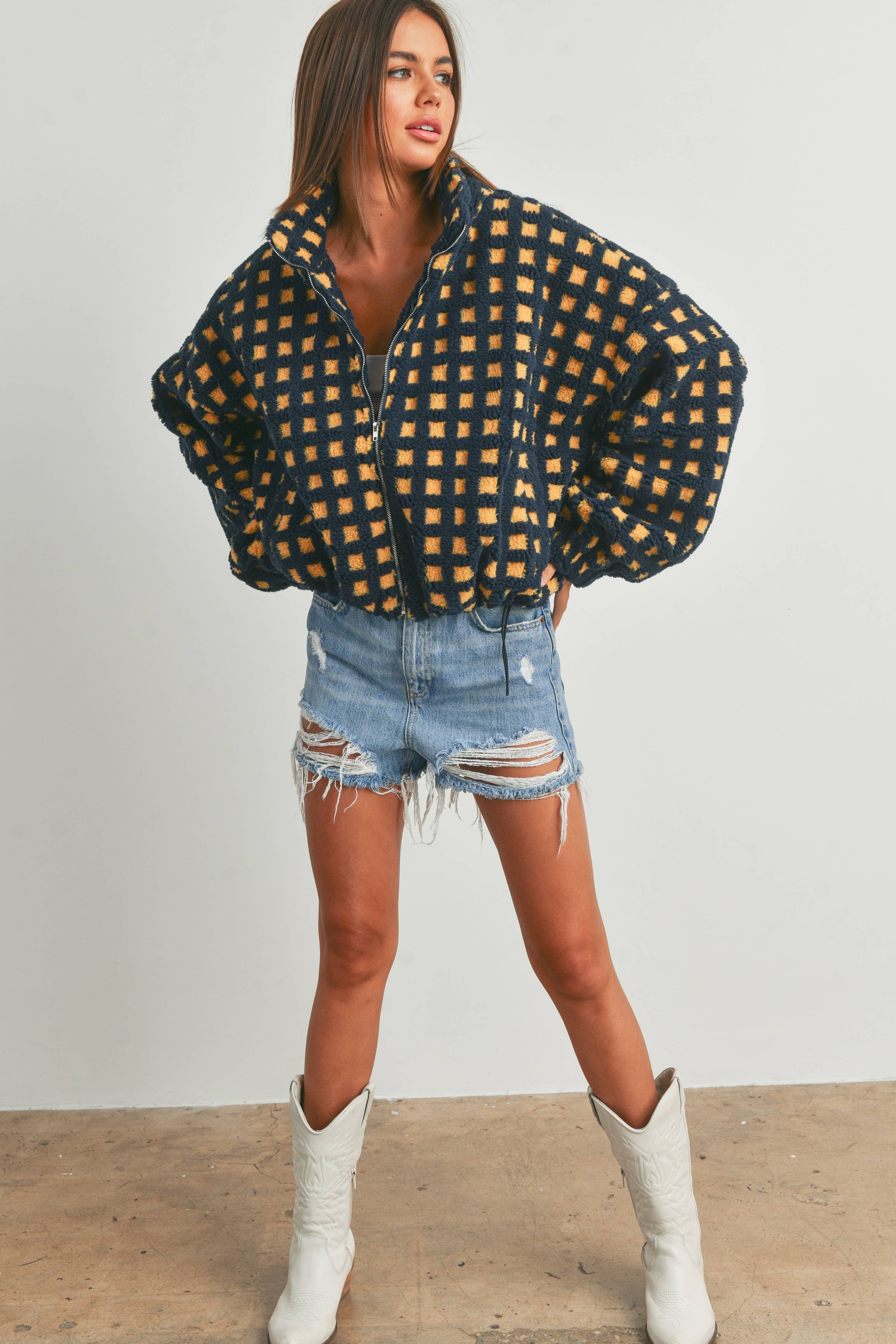 Fuzzy Sherpa Jacket: Navy Multi