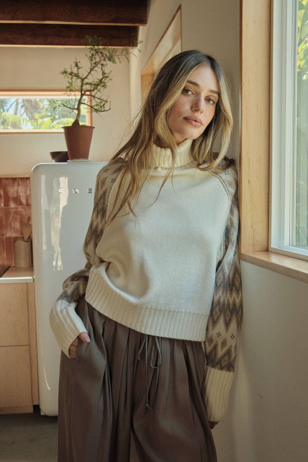Knit Geo-Print Sweater: Cream