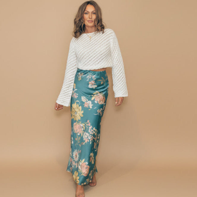Textured Floral Maxi Skirt:Teal