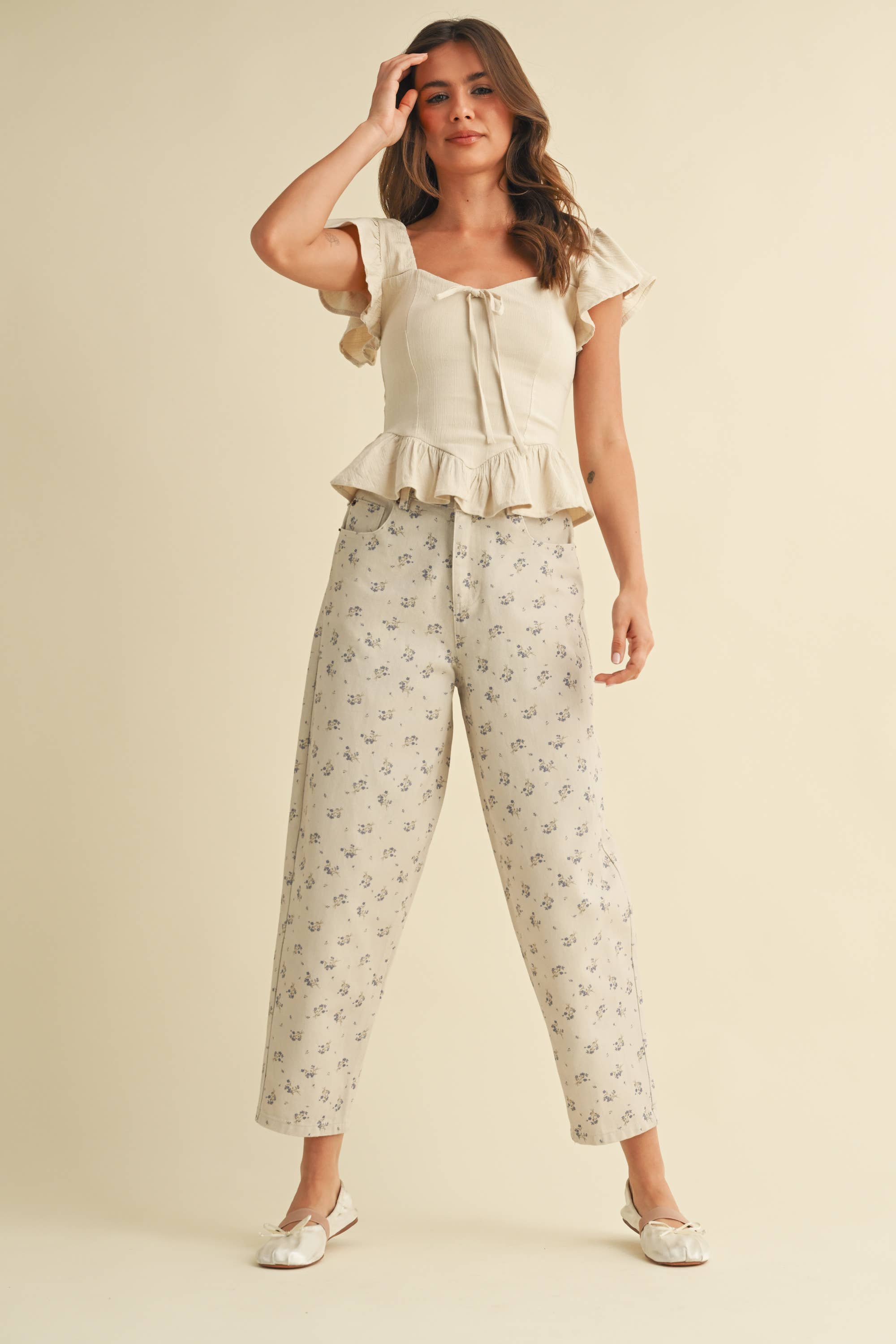 Floral Denim Pants: Cream