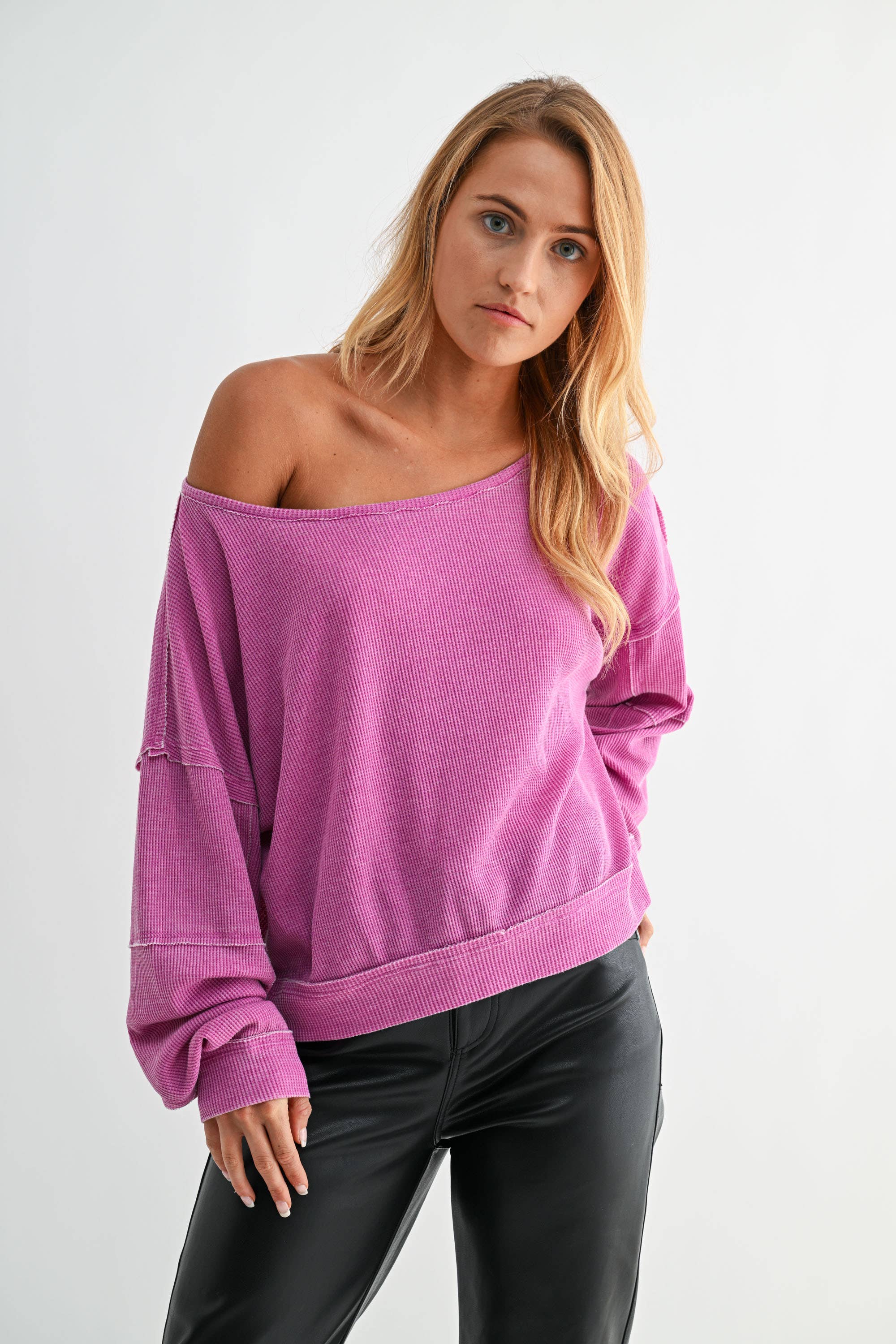 Raw Edge Waffle Pullover: New Orchid