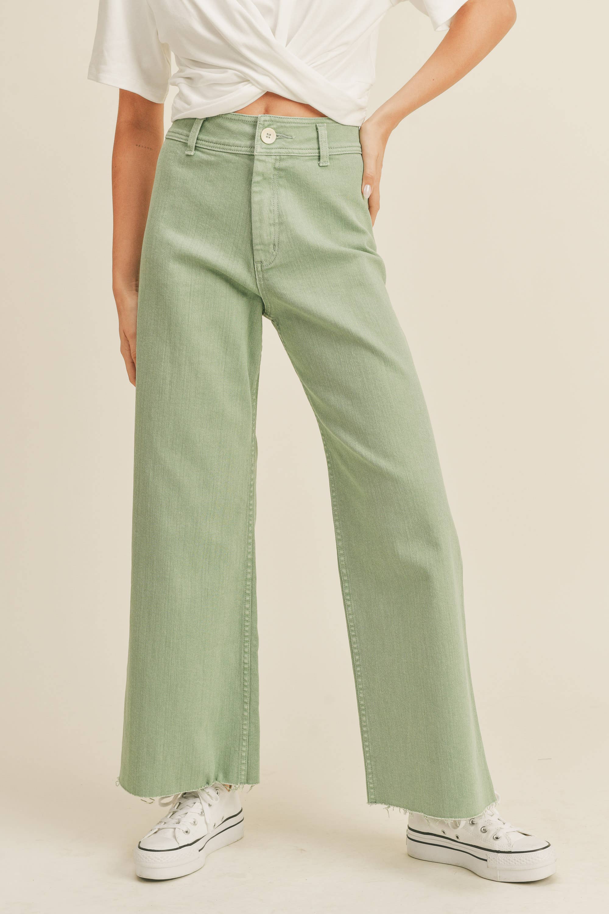 Wide Leg Denim Pants:Matcha