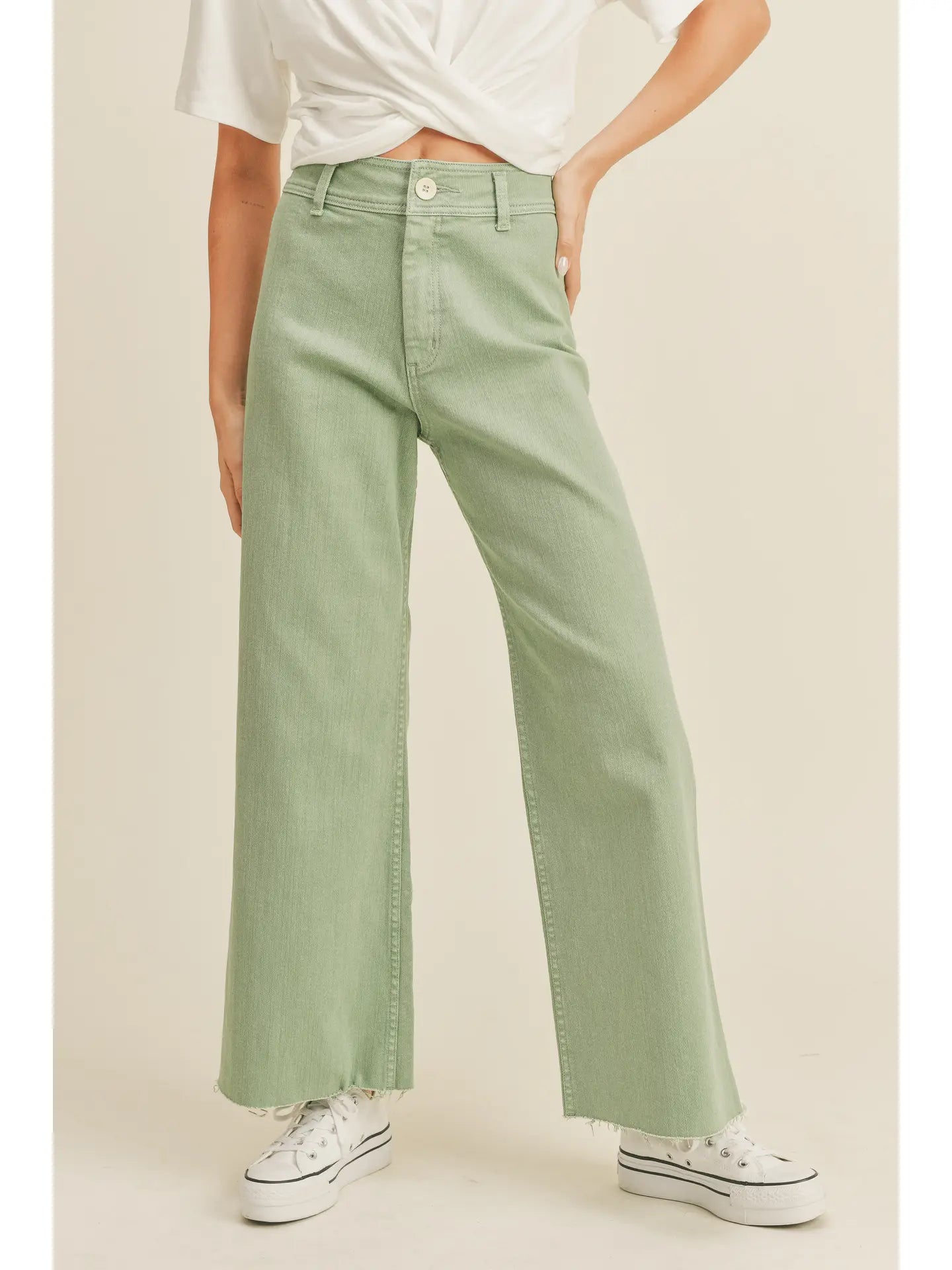 Wide Leg Denim Pants: Matcha