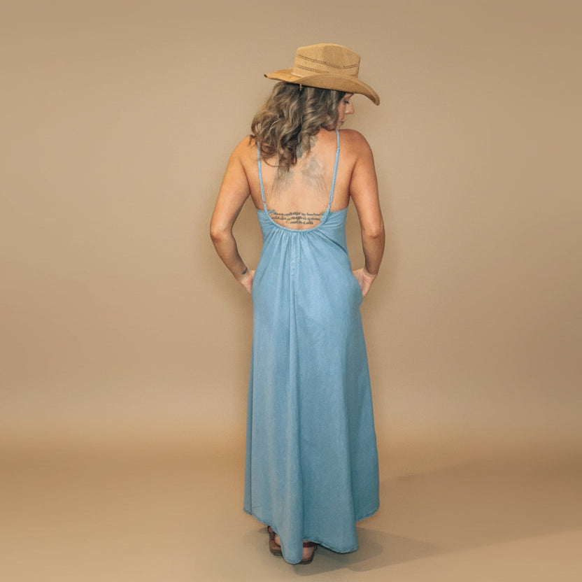 Denim Open Back Dress: Lt.Wash
