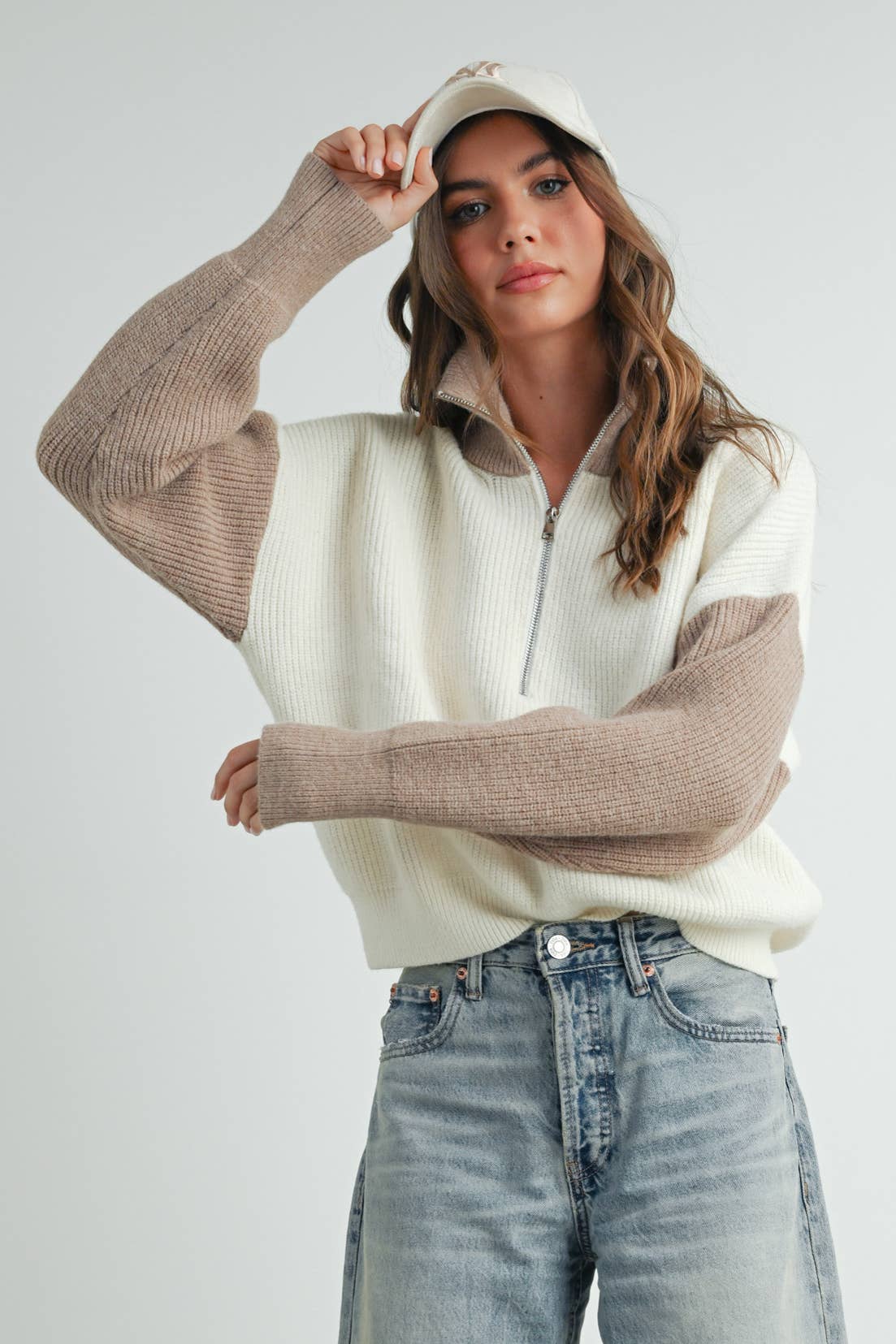 Color Block Pullover-Ivory/Taupe