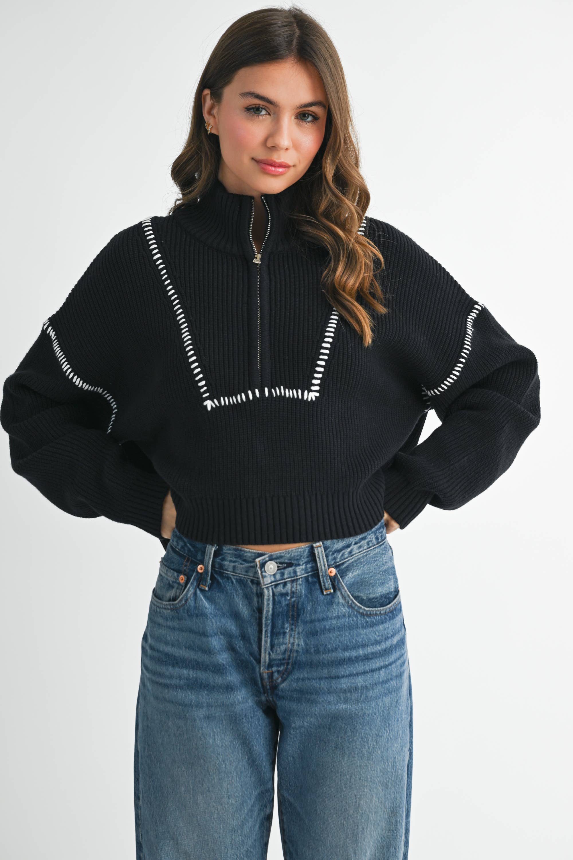 Contrast Stitch Sweater: Black