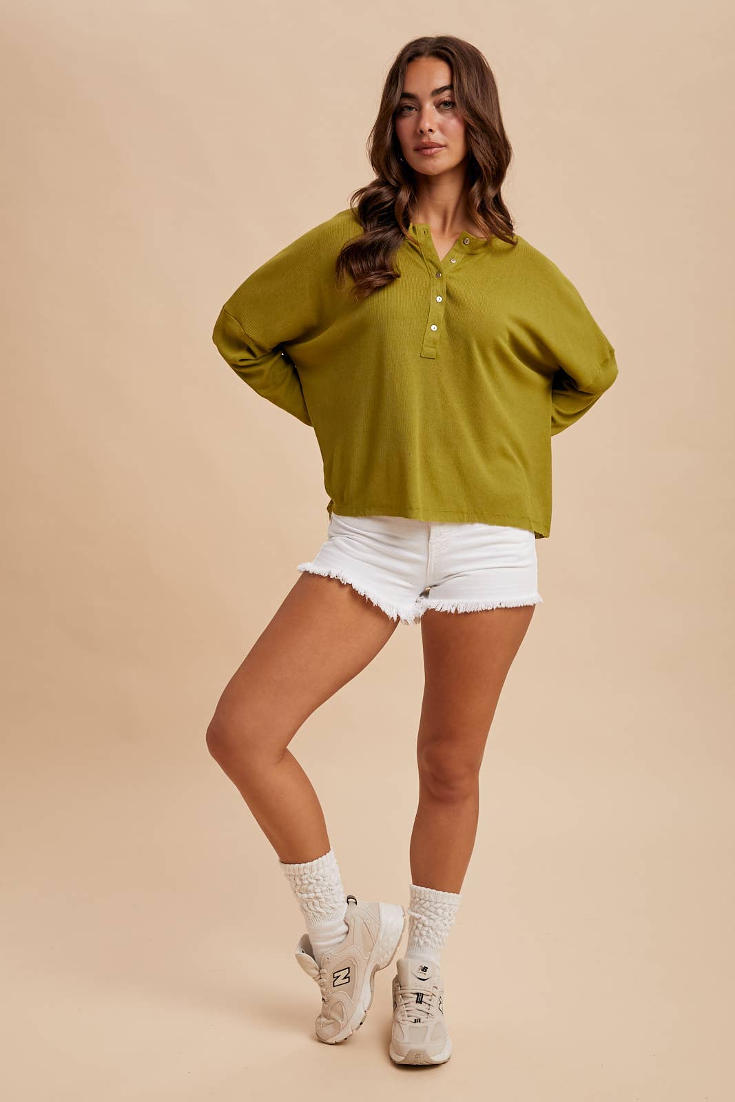 Raw Edge Henley Top: Olive Citron