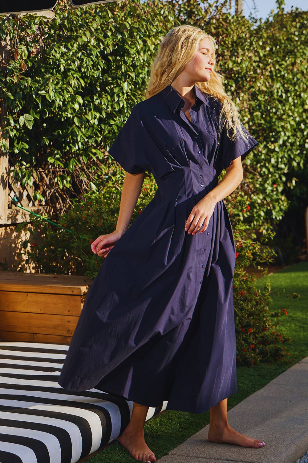 Poplin Pleated Midi Dress: Navy