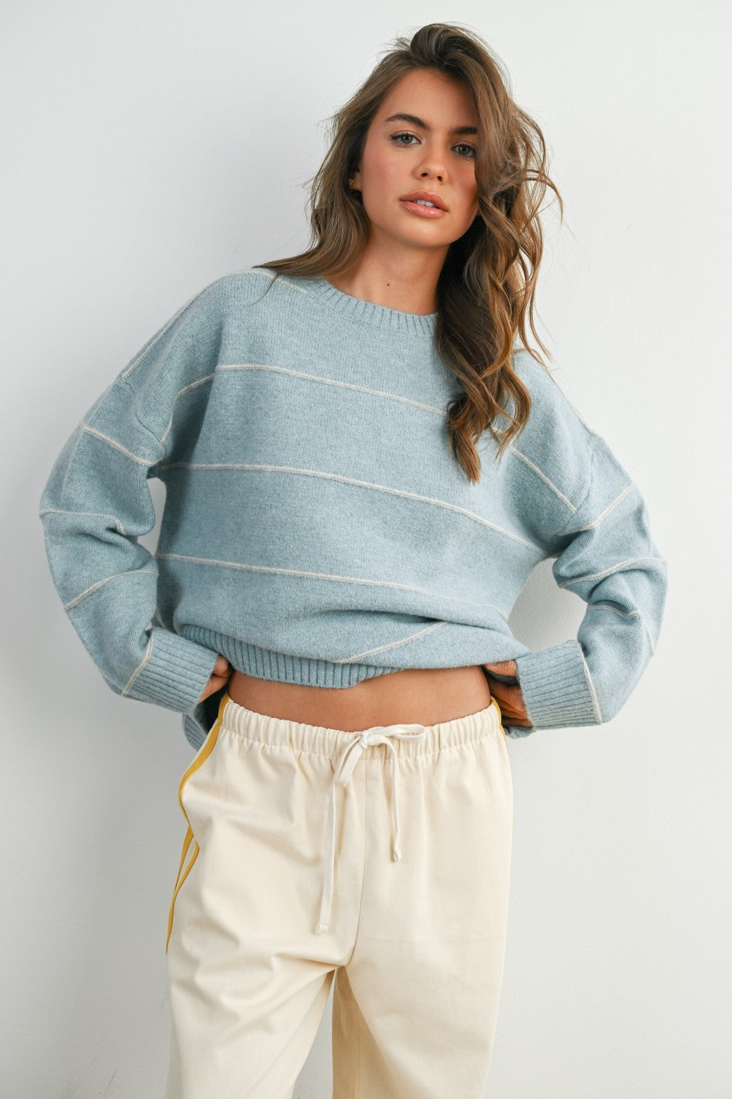 Striped Drop Shoulder Sweater: Blue