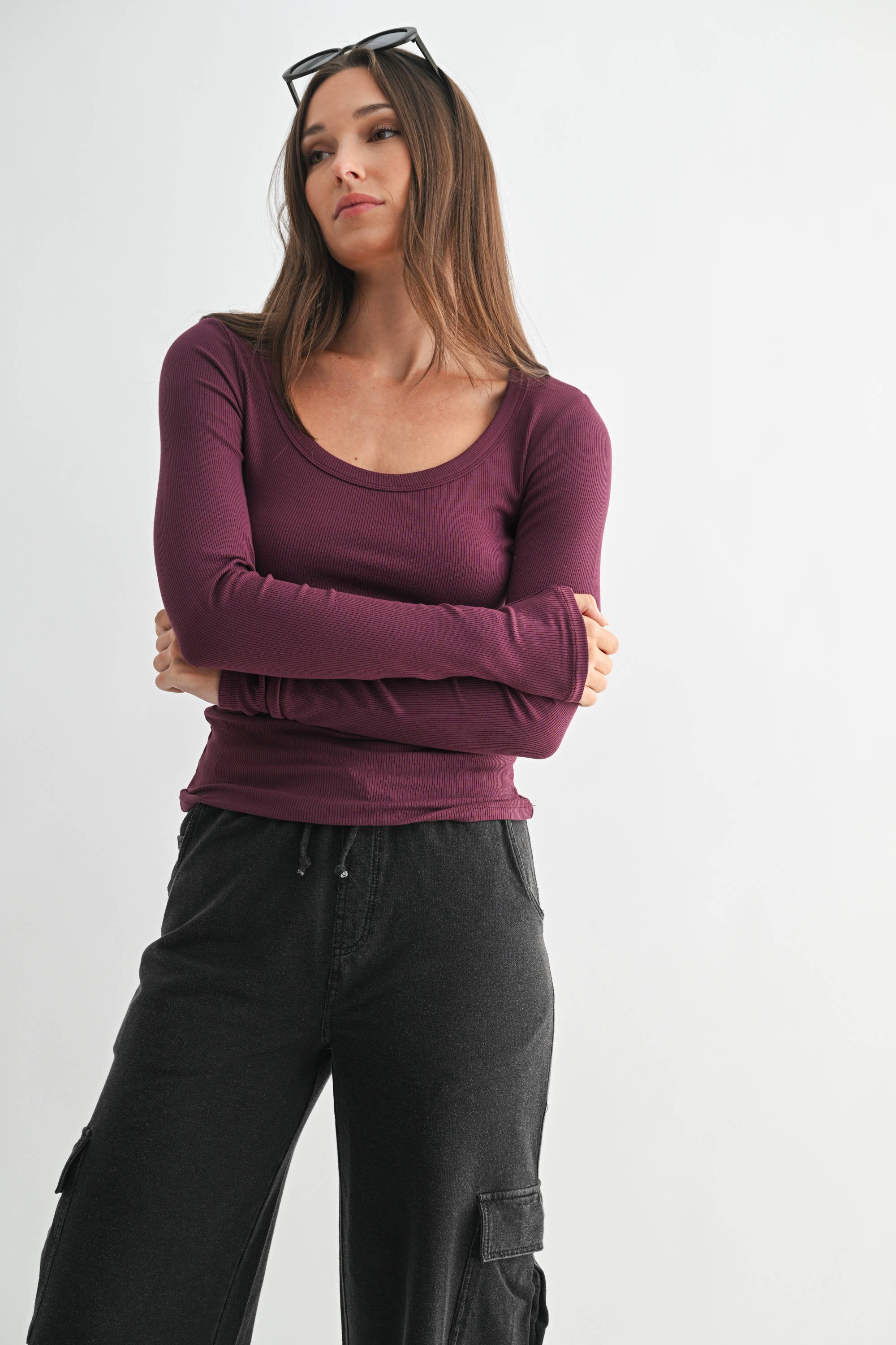 Scoop Neck Ribbed Top: Plum