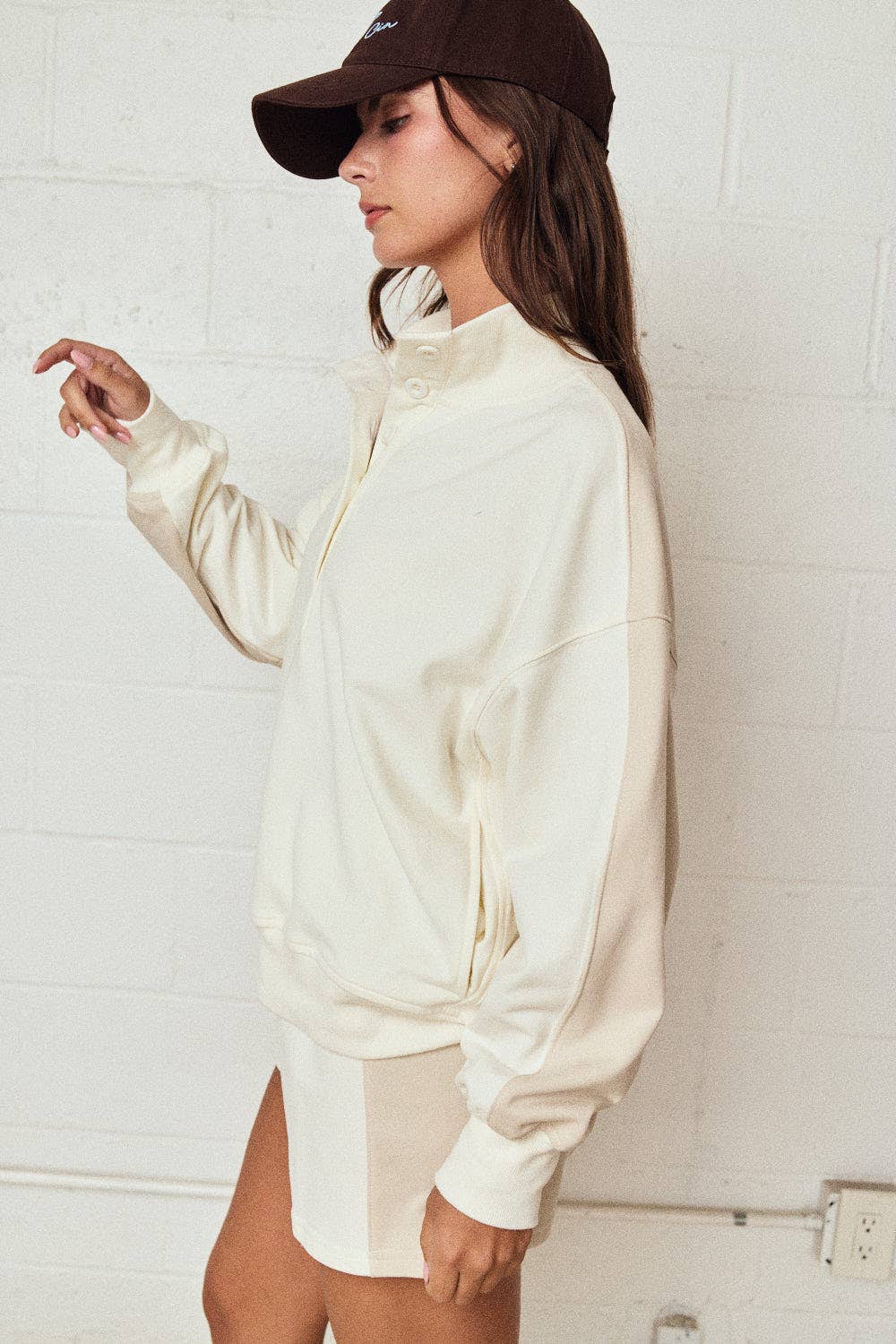 Mock Neck Color Block Set: Taupe