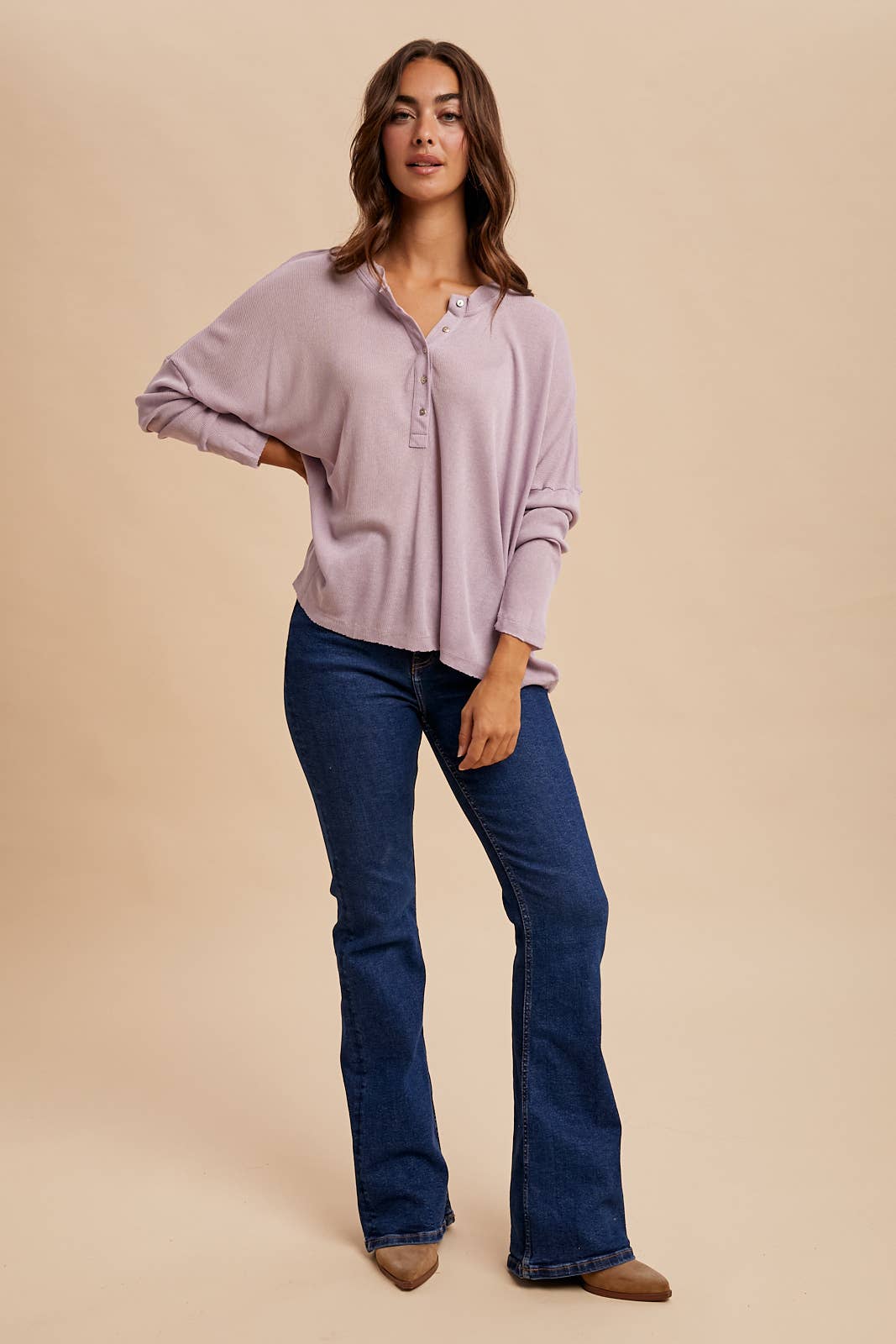 Raw Edge Henley Top: Dusty Lilac