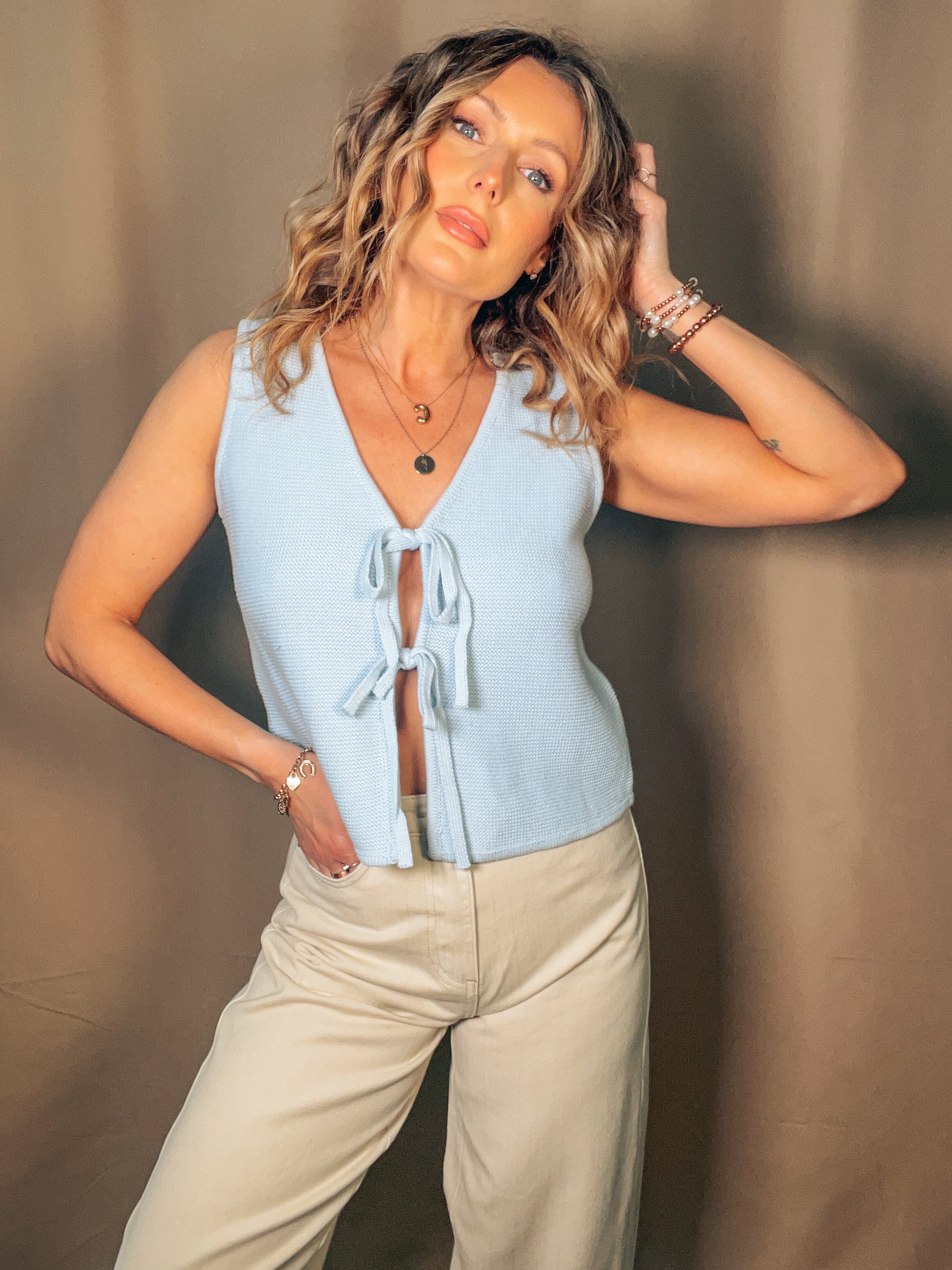 Tied Knitted Vest:Sky Blue