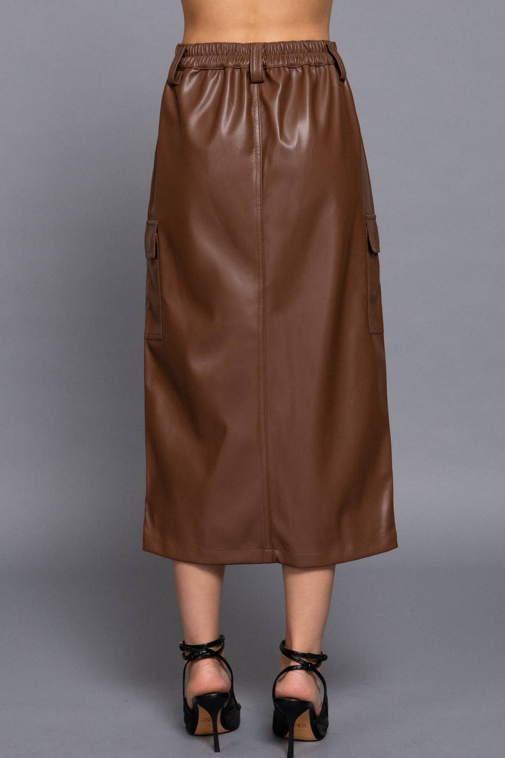 Faux Leather Cargo Skirt: Warm Brown