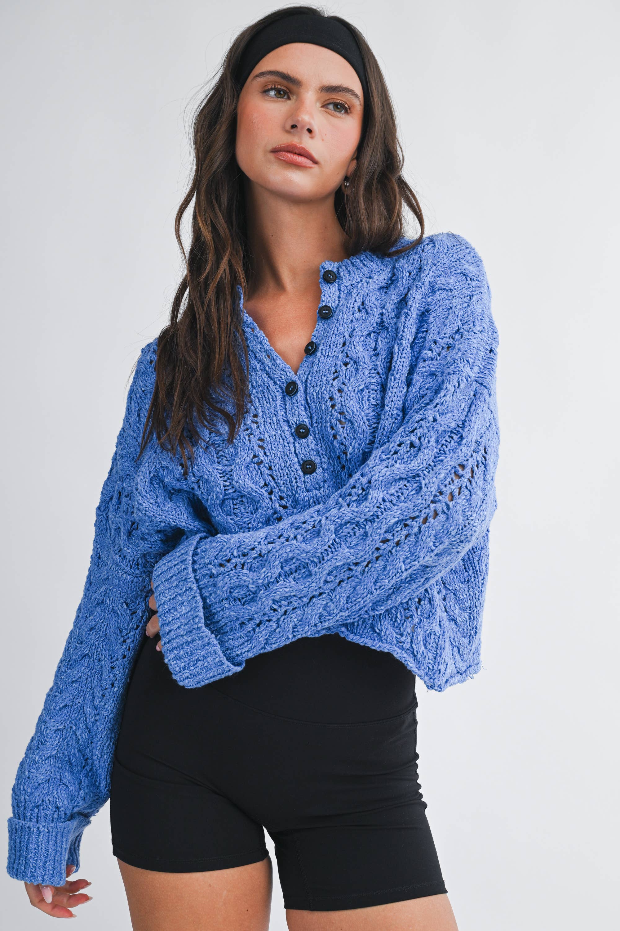 Textured Henley Knit Sweater: Blue