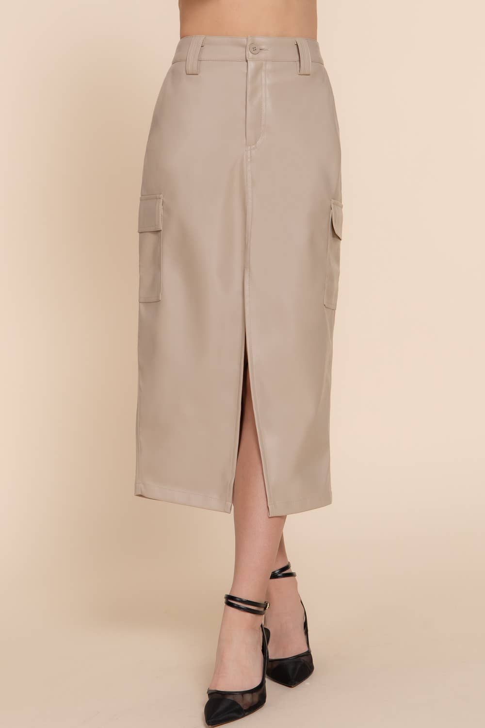 Faux Leather Cargo Skirt: Dk. Beige