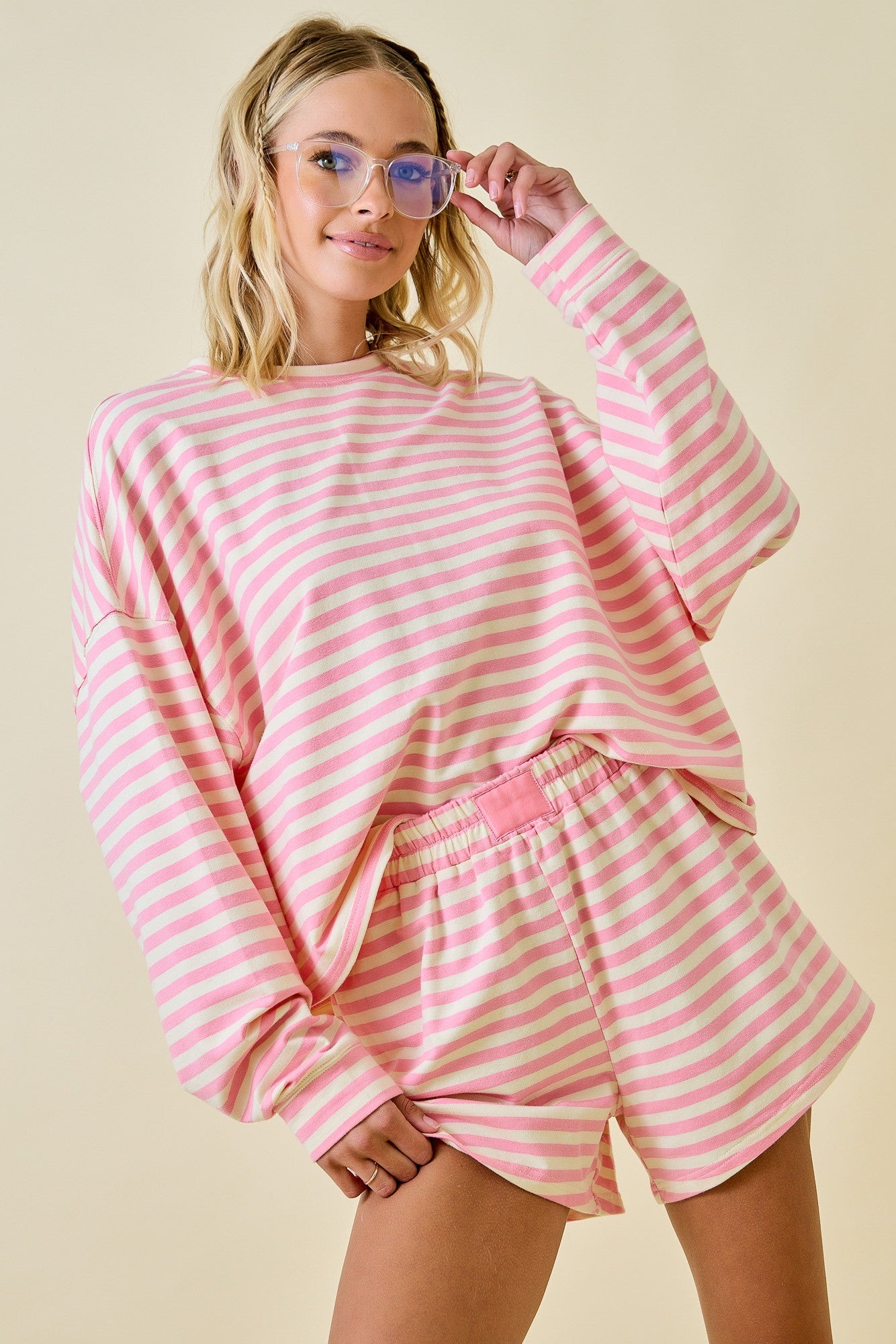 Striped Terry Sweatshirt Set: Pink