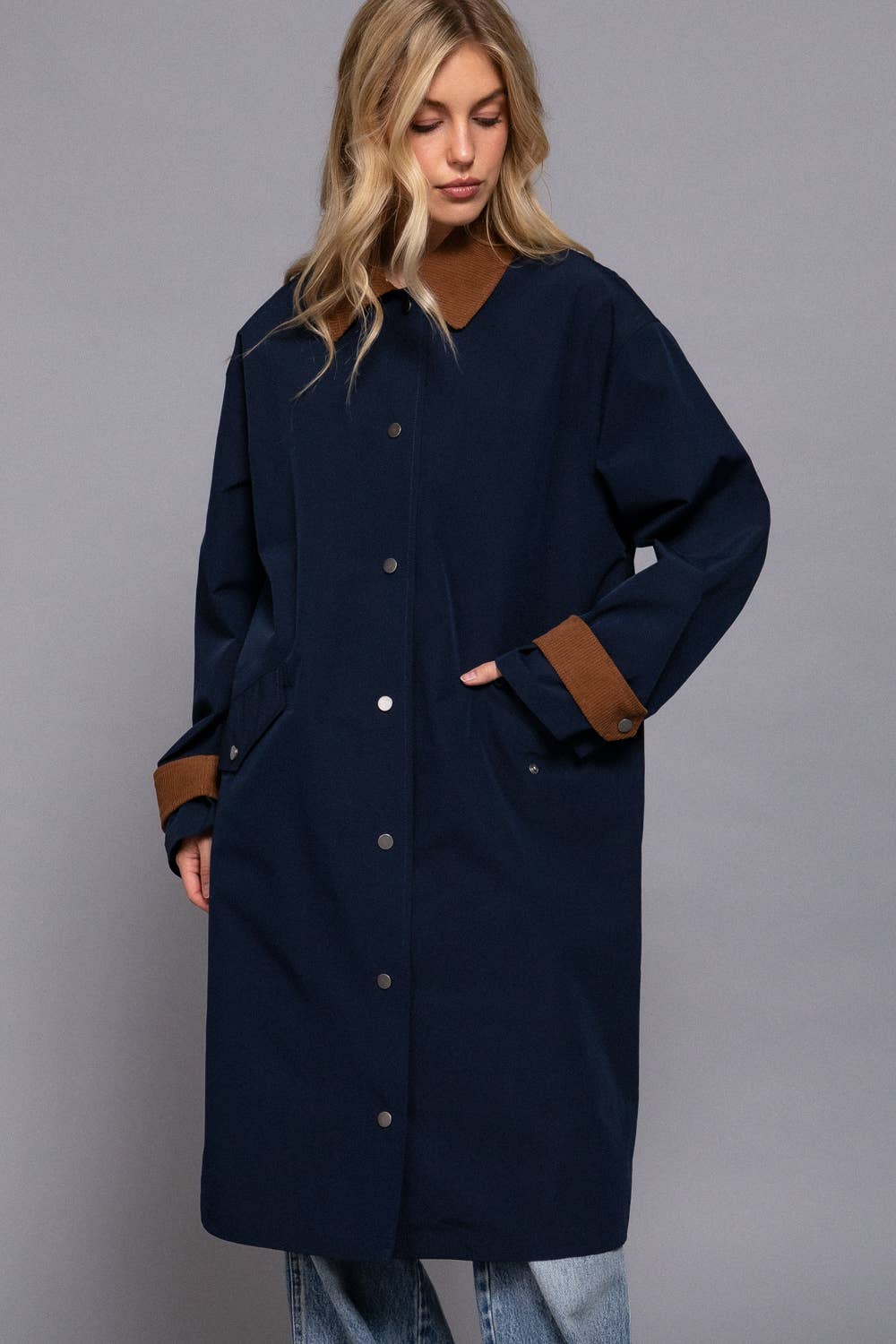 Contrast Collar Trench Coat: Navy