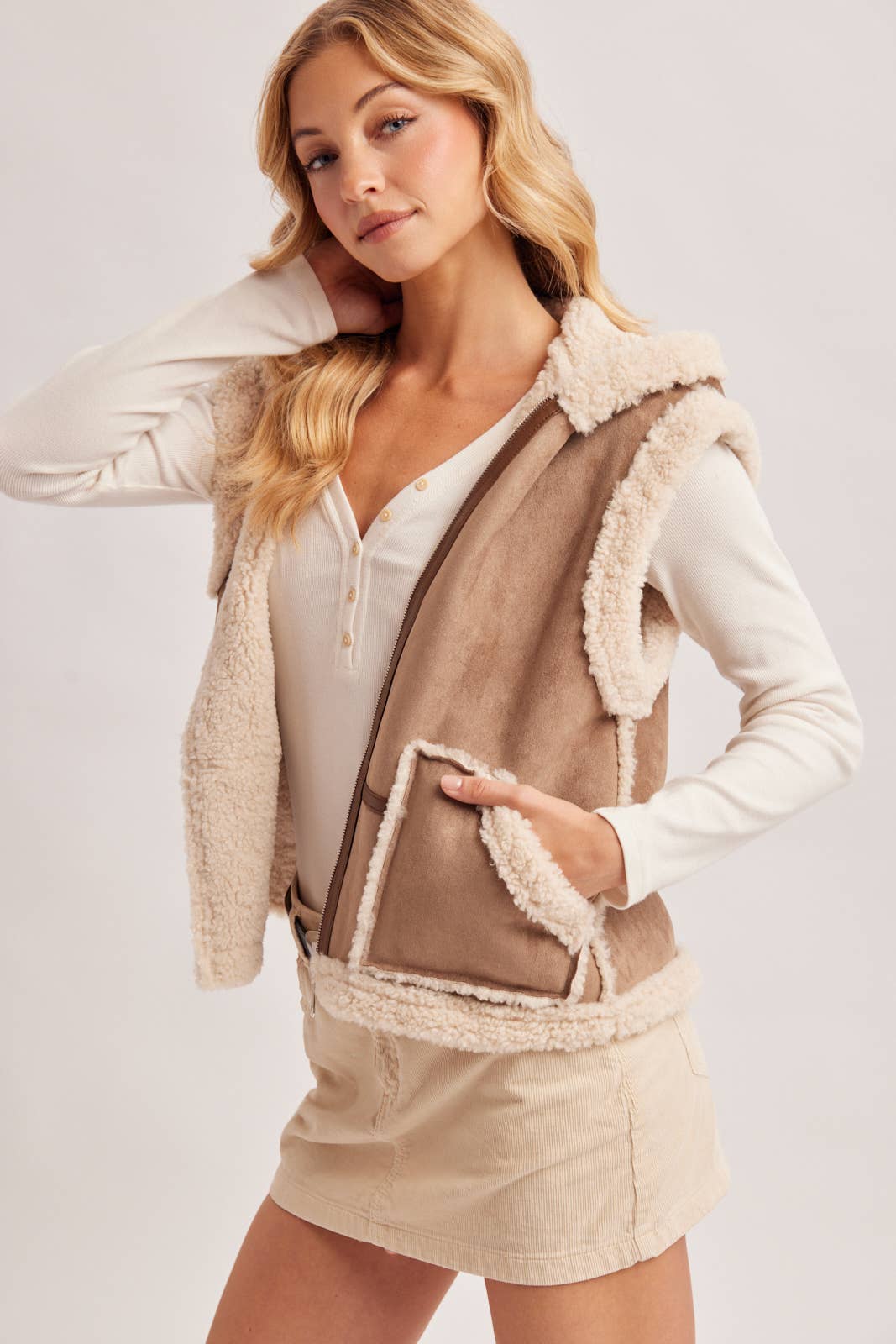 Suede Hooded Vest: Mushroom