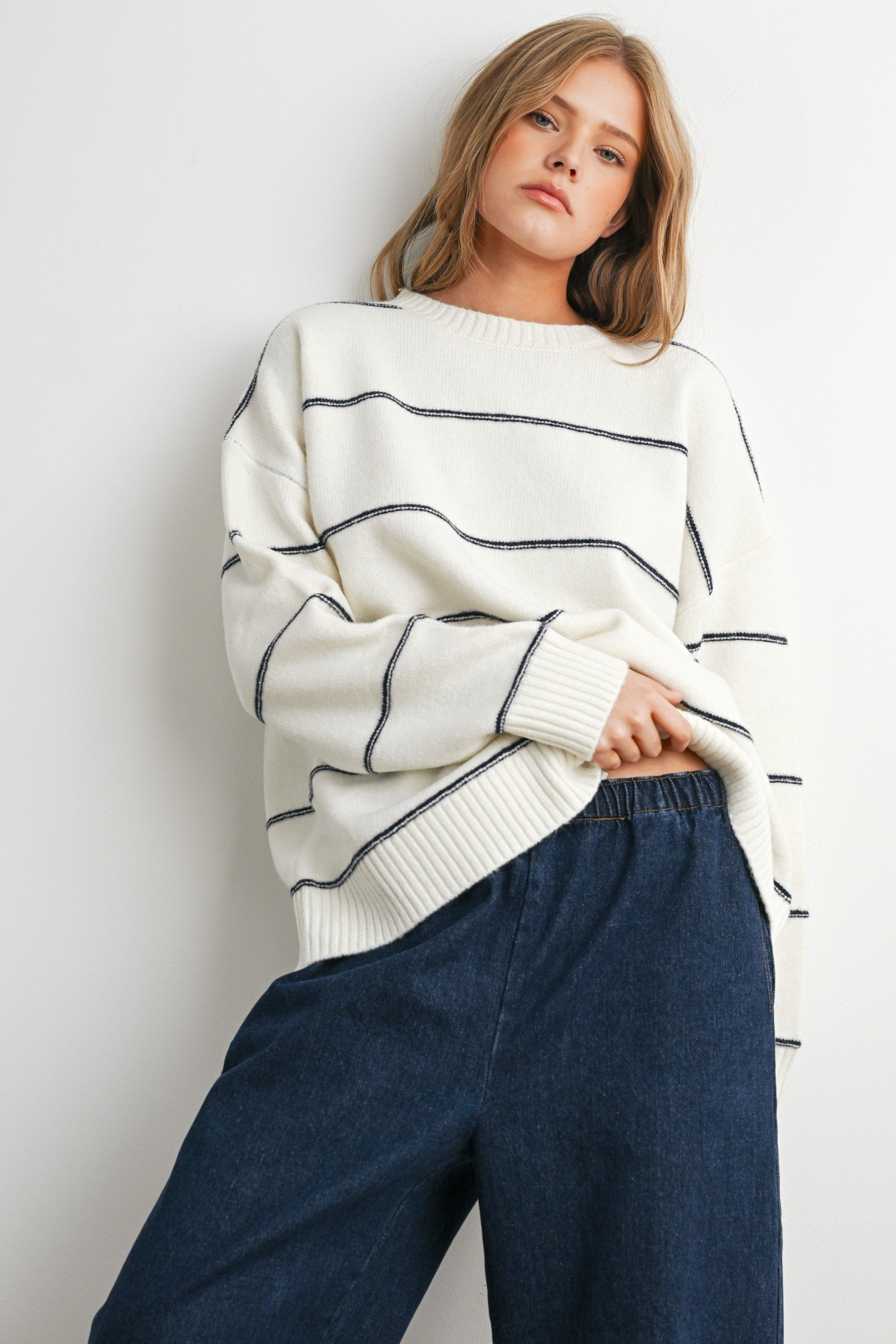 Striped Drop Shoulder Sweater: Ivory
