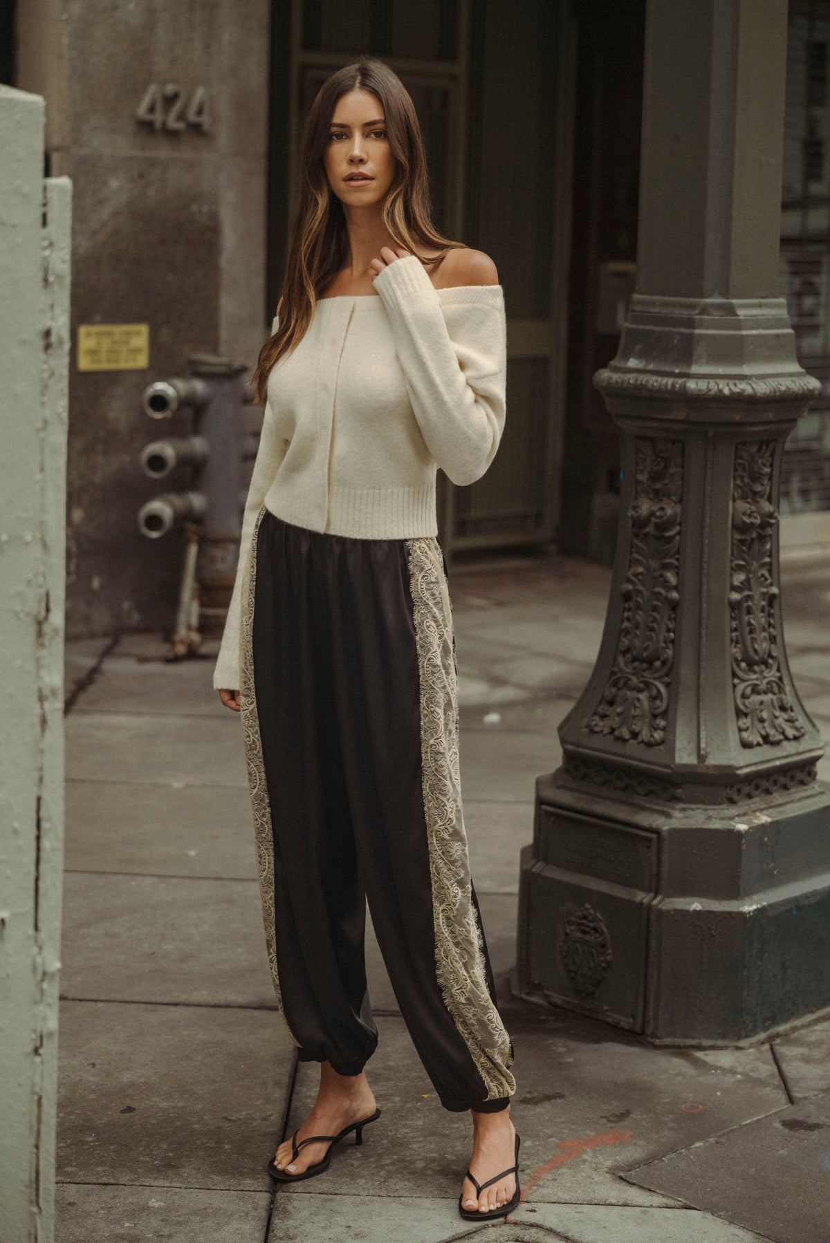 Off Shoulder Placket Sweater:Cream