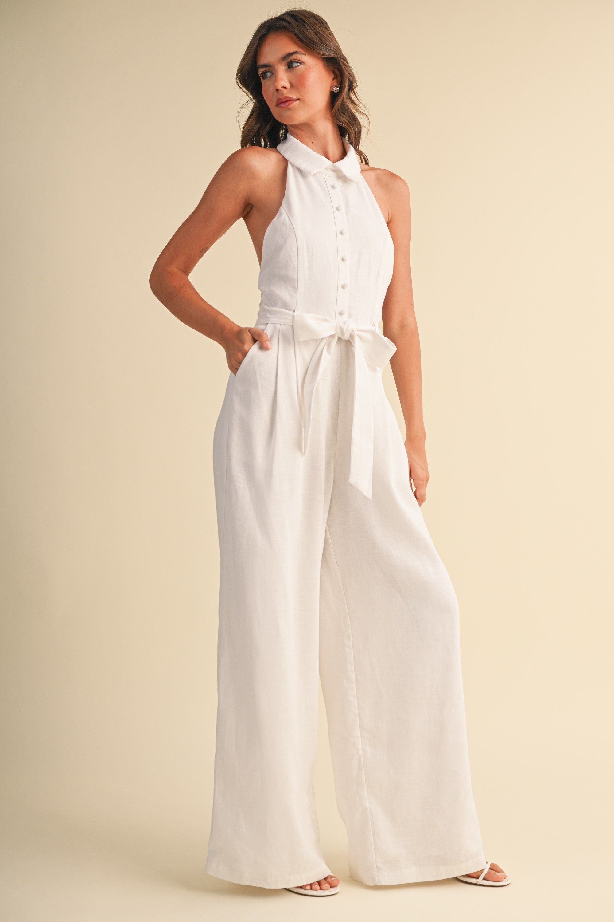 Open Back Belted Jumpsuit: Off White