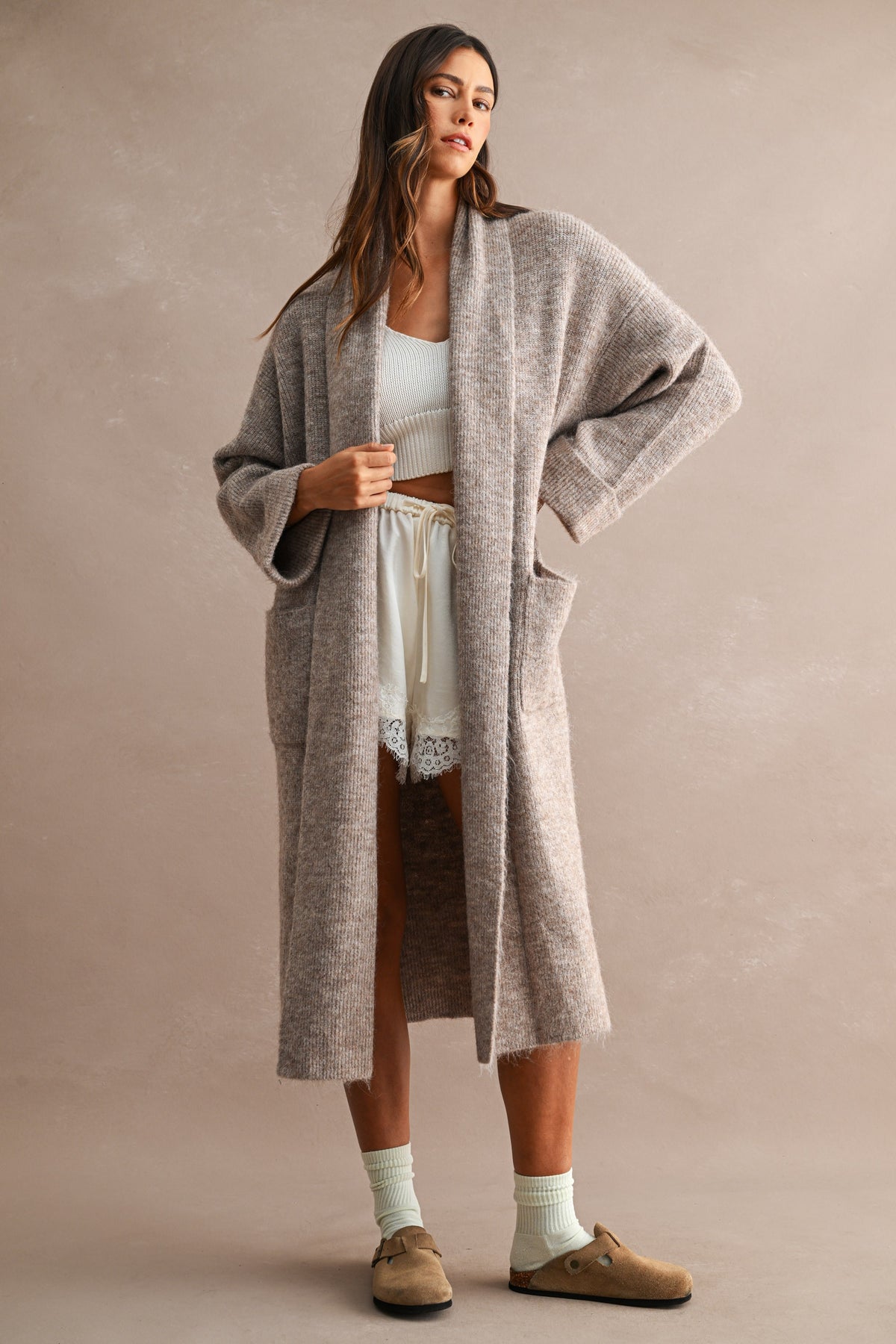 Longline Cardigan: Lt. Mocha